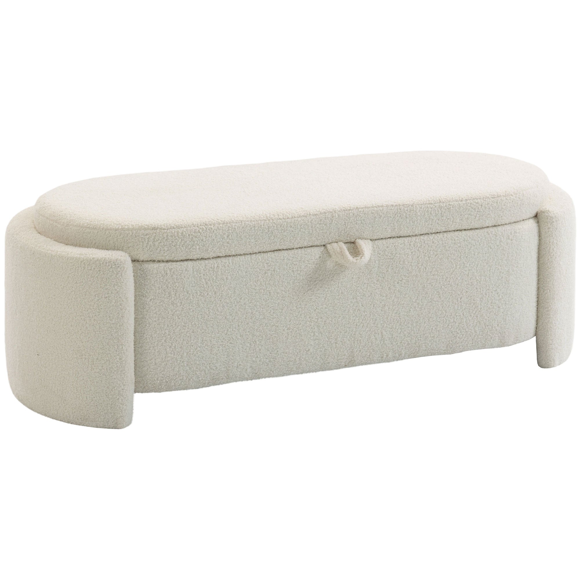 Banc de rangement, bout de lit ovale, repose-pieds rembourré en polaire Teddy avec assise large, charge 200 Kg, coffre de rangement pour salon, chambre, entrée, 129 x 48,5 x 44 cm, crème