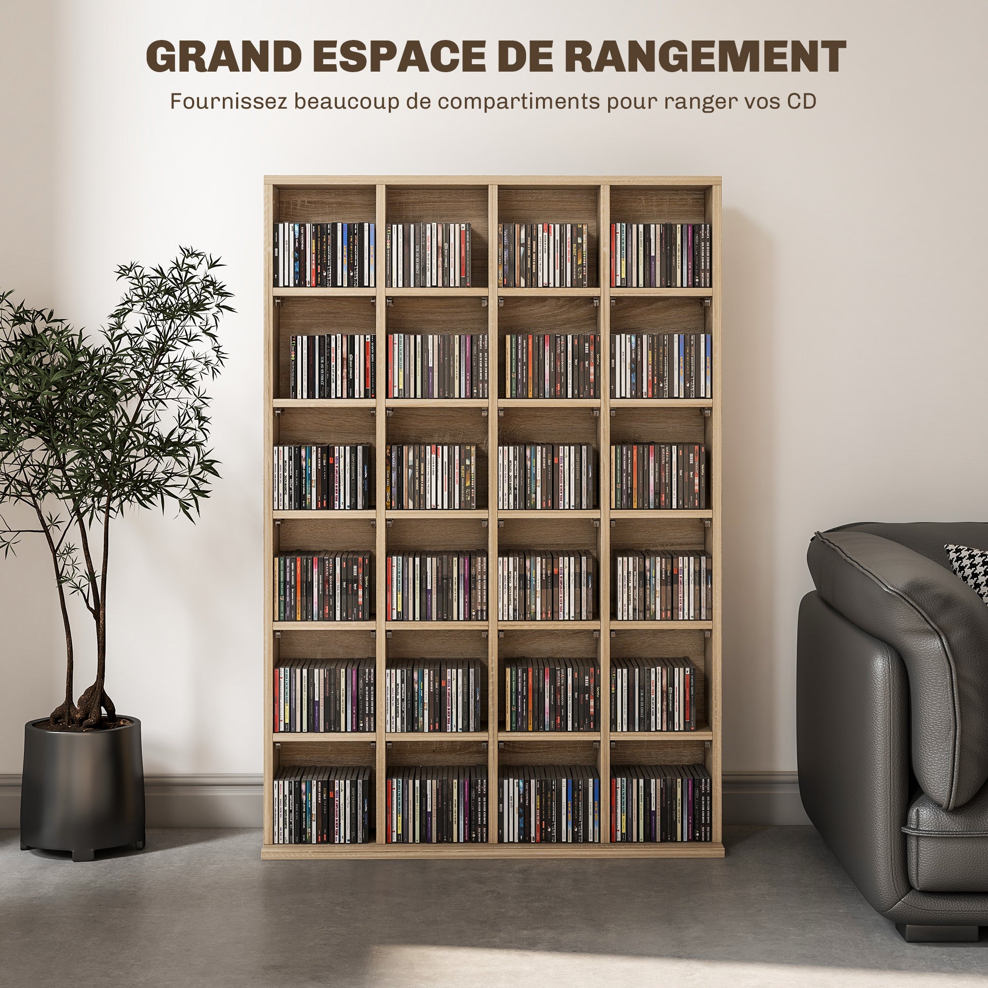Rangements pour CD et DVD, meuble de rangement multimédia avec 24 compartiments, capacité max. 456 CD/ 336 DVD, bibliothèque en bois avec étagères réglables, 89 x 20 x 130,5 cm, bois naturel