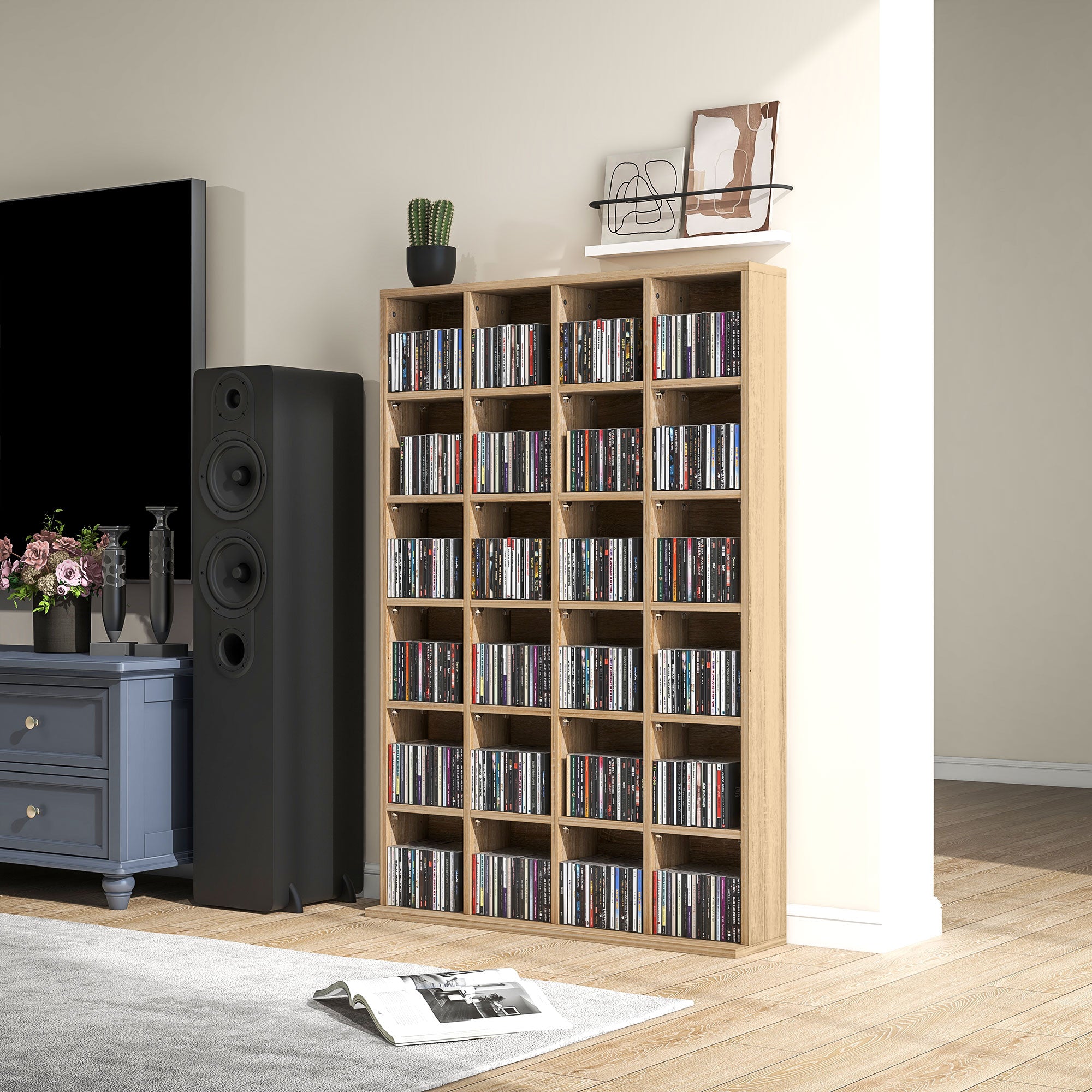 Rangements pour CD et DVD, meuble de rangement multimédia avec 24 compartiments, capacité max. 456 CD/ 336 DVD, bibliothèque en bois avec étagères réglables, 89 x 20 x 130,5 cm, bois naturel