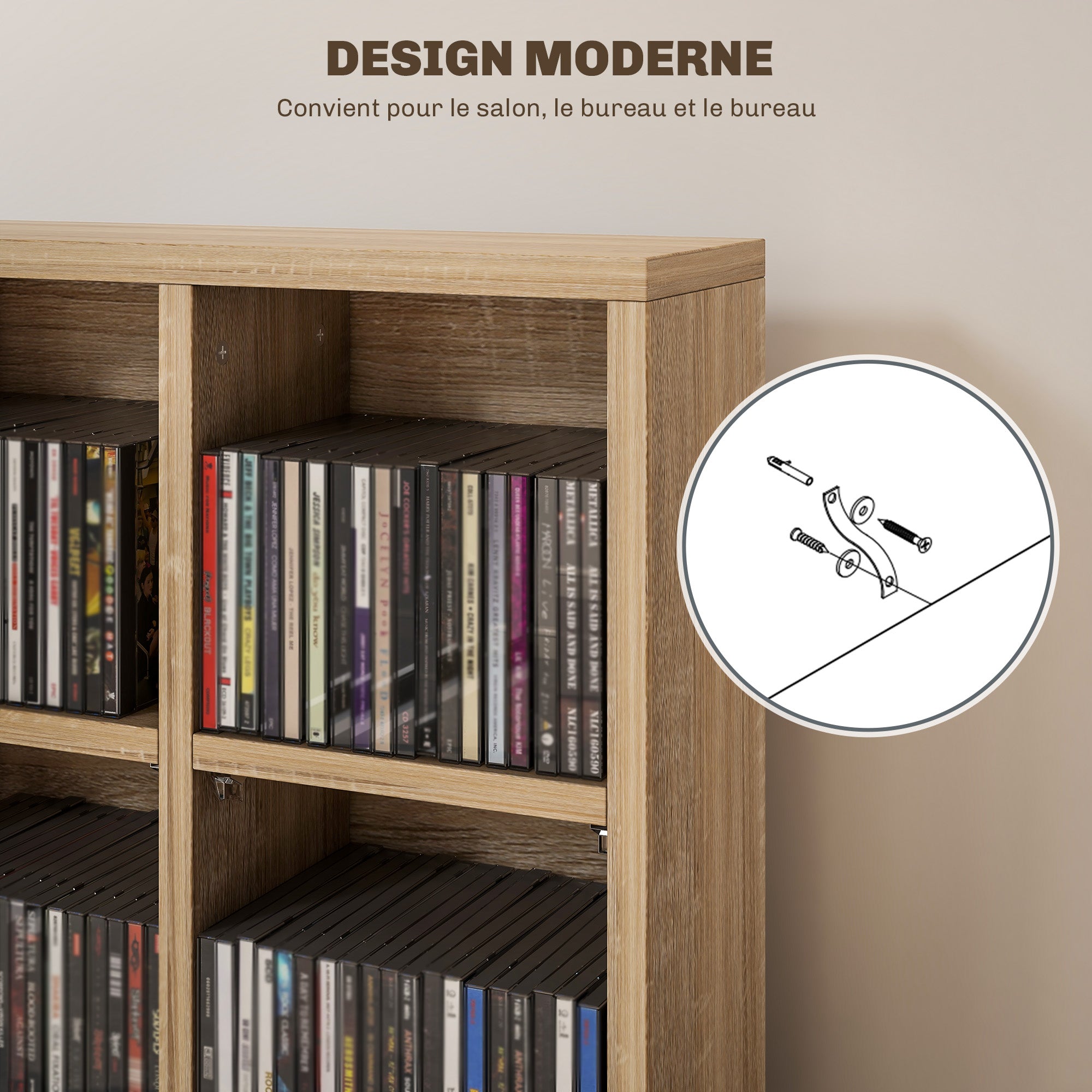 Rangements pour CD et DVD, meuble de rangement multimédia avec 24 compartiments, capacité max. 456 CD/ 336 DVD, bibliothèque en bois avec étagères réglables, 89 x 20 x 130,5 cm, bois naturel