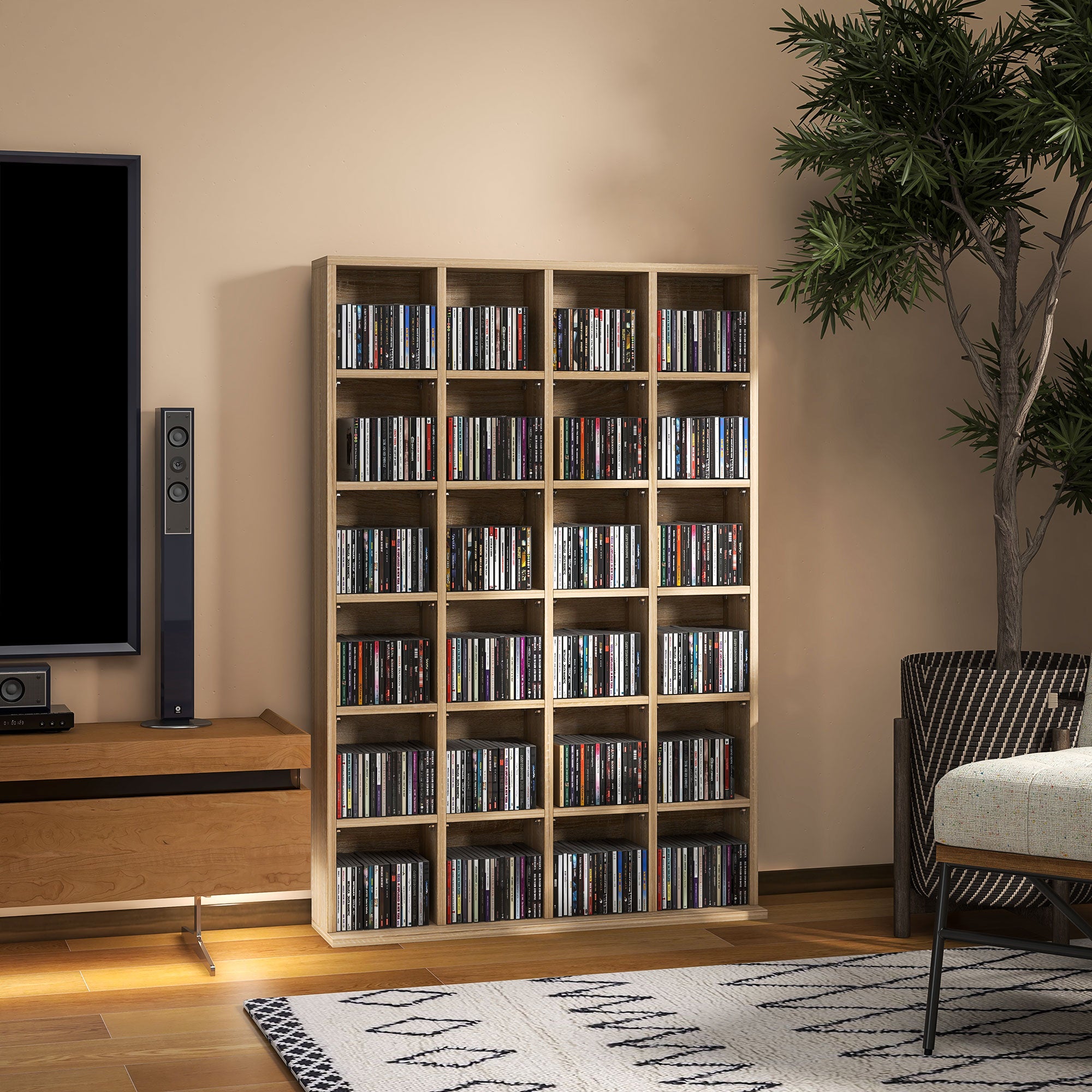 Rangements pour CD et DVD, meuble de rangement multimédia avec 24 compartiments, capacité max. 456 CD/ 336 DVD, bibliothèque en bois avec étagères réglables, 89 x 20 x 130,5 cm, bois naturel