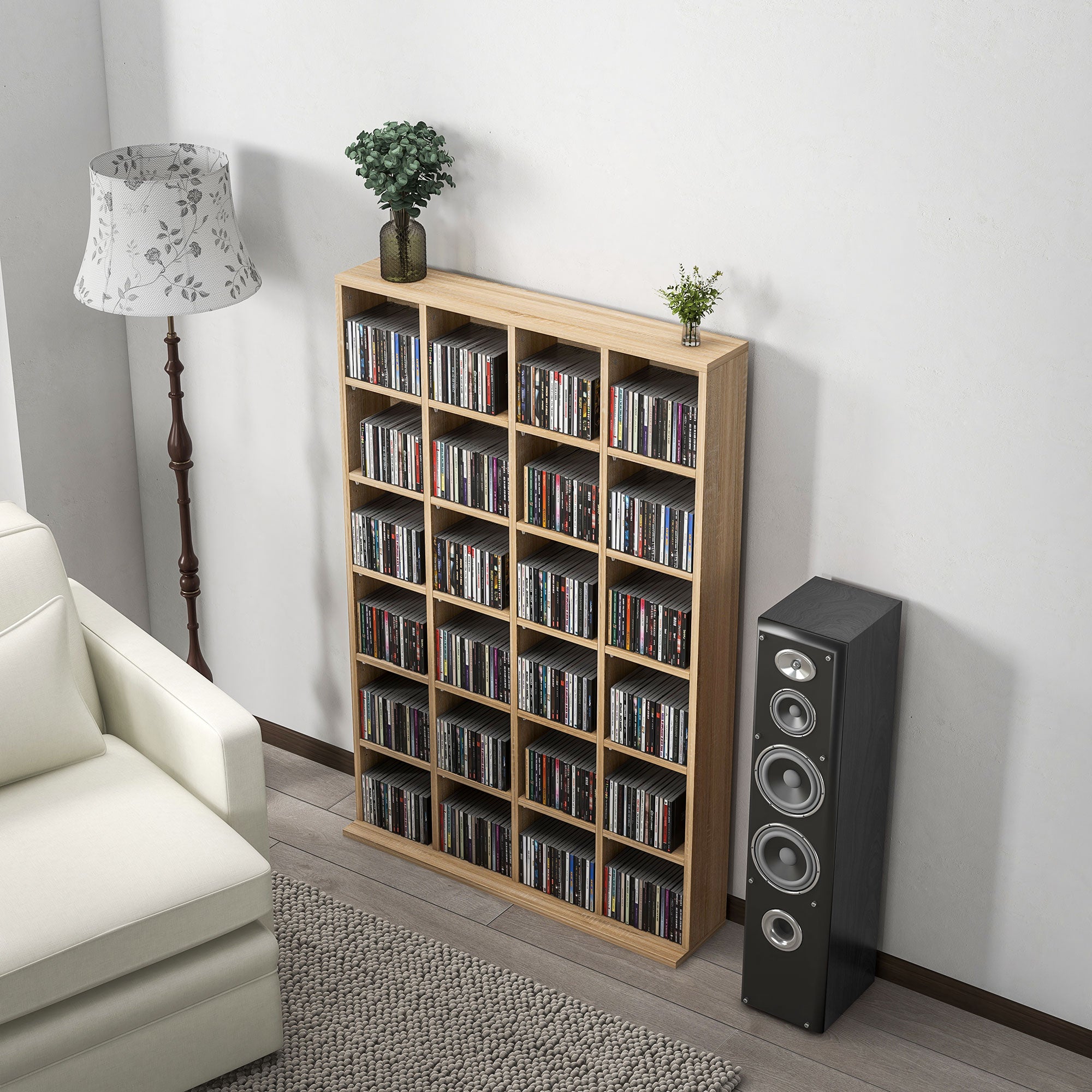Rangements pour CD et DVD, meuble de rangement multimédia avec 24 compartiments, capacité max. 456 CD/ 336 DVD, bibliothèque en bois avec étagères réglables, 89 x 20 x 130,5 cm, bois naturel