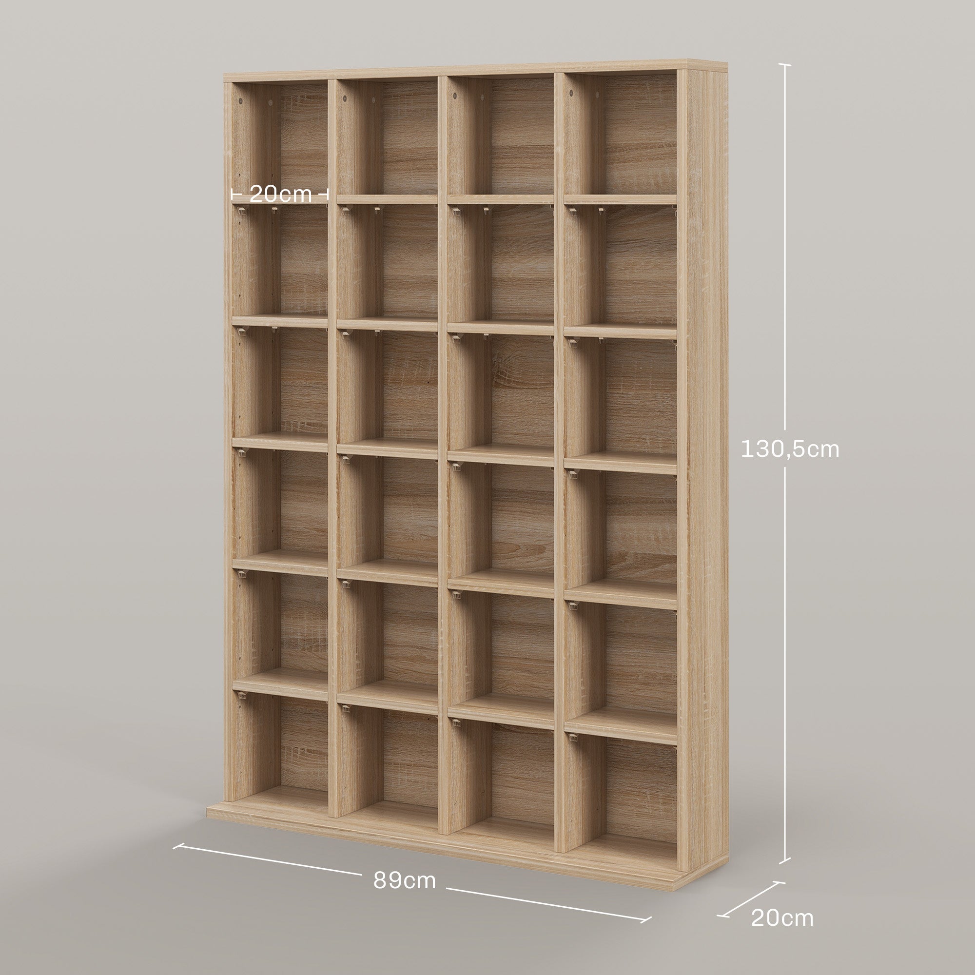 Rangements pour CD et DVD, meuble de rangement multimédia avec 24 compartiments, capacité max. 456 CD/ 336 DVD, bibliothèque en bois avec étagères réglables, 89 x 20 x 130,5 cm, bois naturel