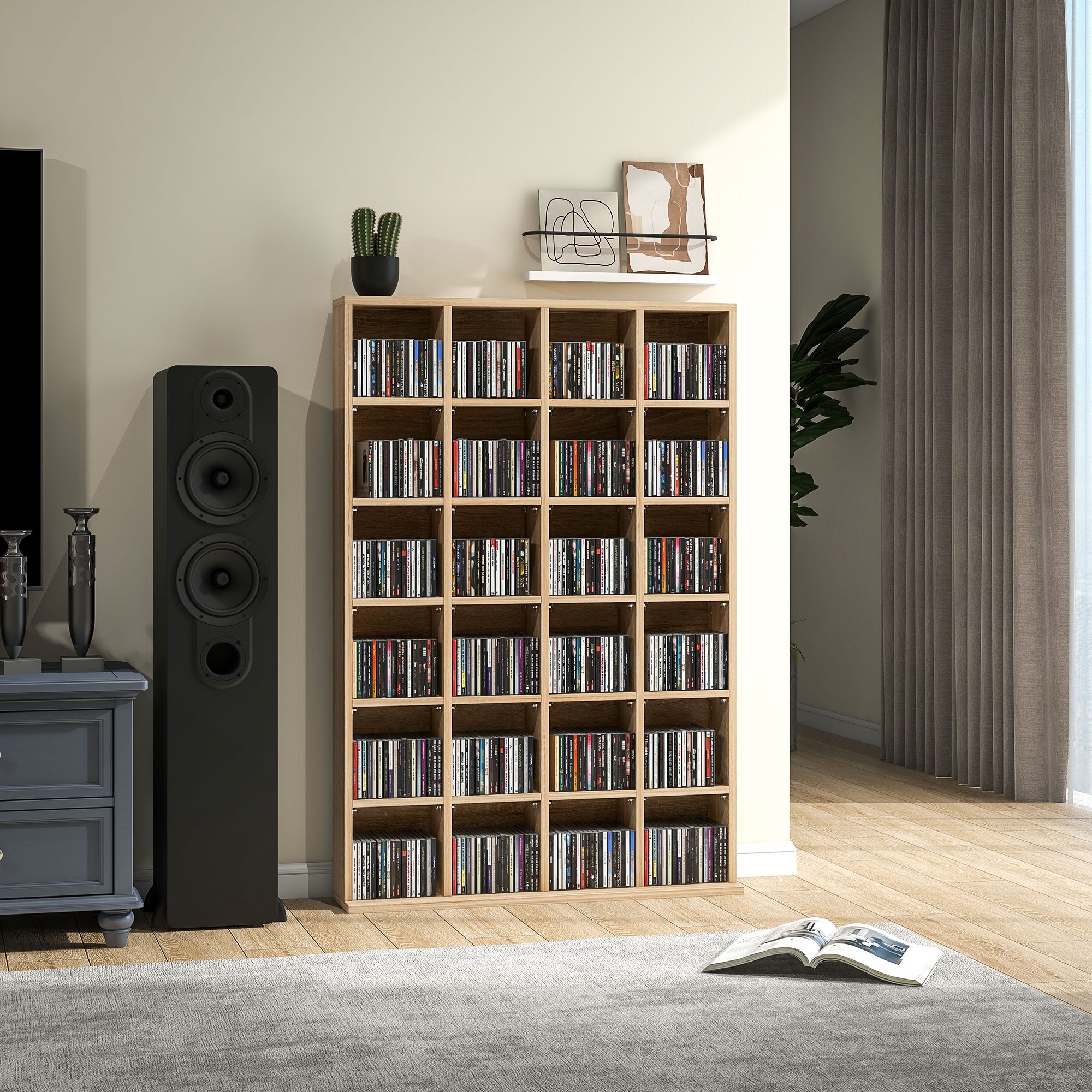 Rangements pour CD et DVD, meuble de rangement multimédia avec 24 compartiments, capacité max. 456 CD/ 336 DVD, bibliothèque en bois avec étagères réglables, 89 x 20 x 130,5 cm, bois naturel