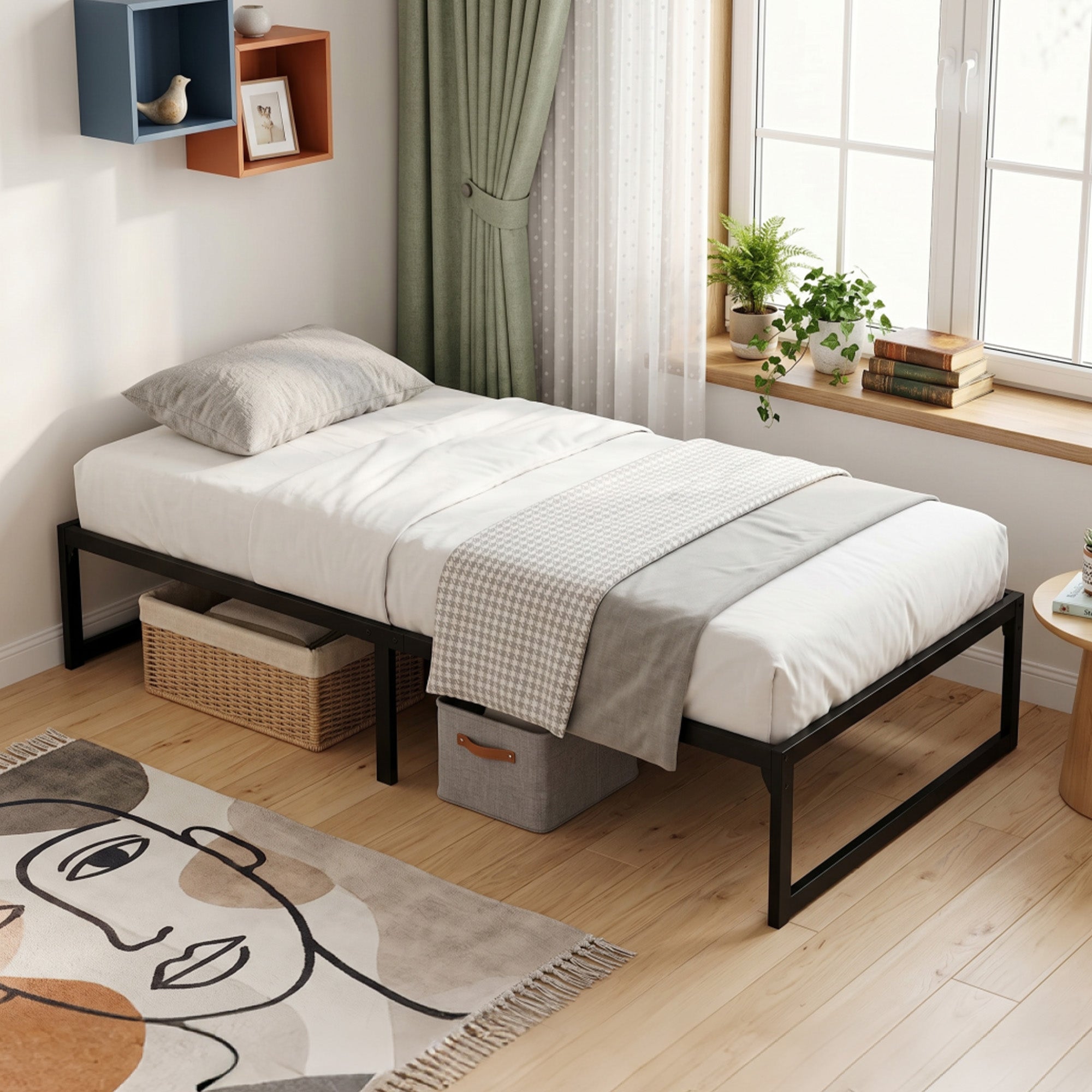 Cadre de lit 90 x 200 cm avec sommier, lit simple avec support à lattes en métal, rangement au-dessous de 32,5H cm, sans bruit, montage facile, noir