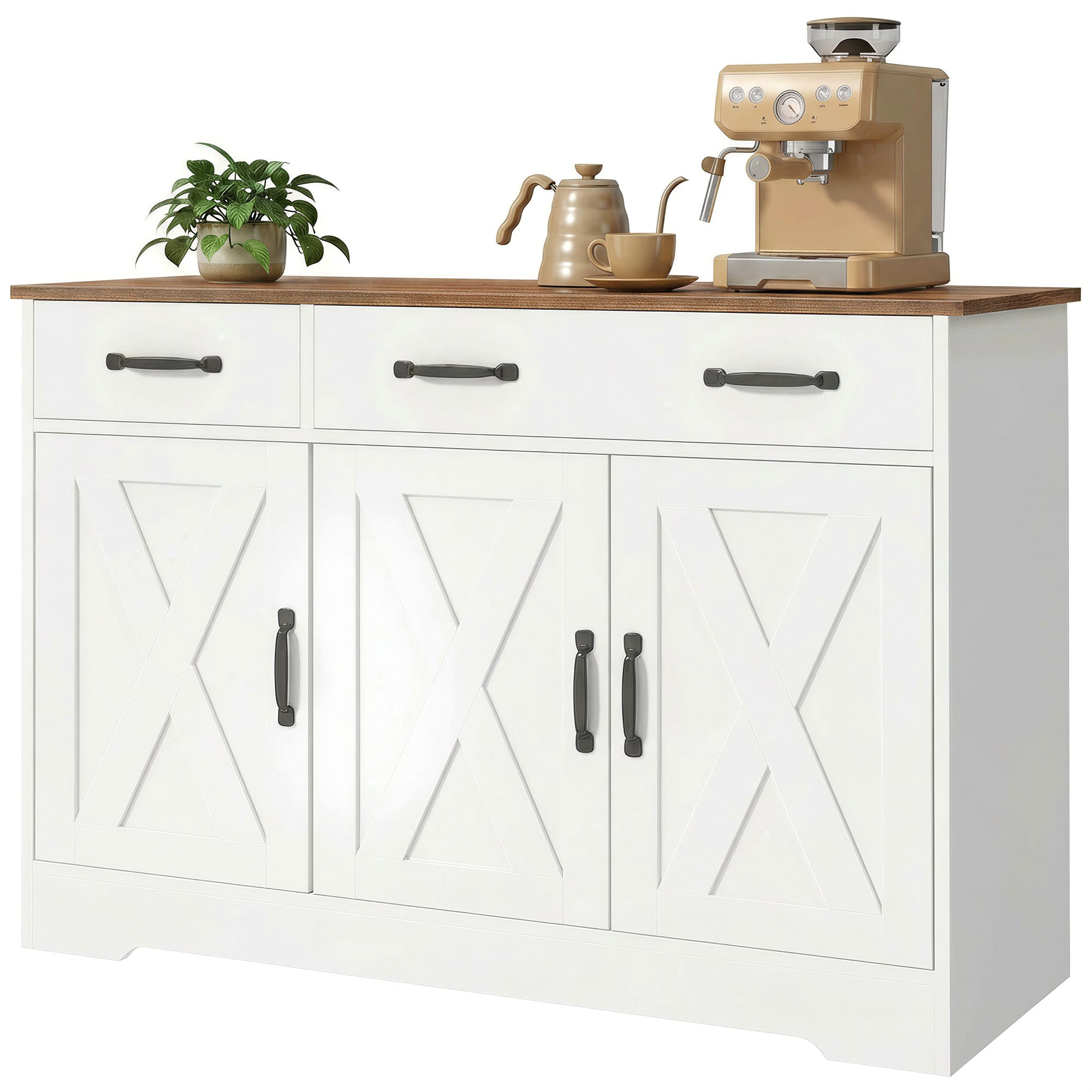 Buffet Cuisine, Meuble de Rangement avec 3 Portes de Grange, 2 Tiroirs et Étagères Réglables, Meuble TV pour Téléviseurs Jusqu'à 50 Pouces, pour Salon et Chambre, 108 x 40 x 81 cm, Blanc