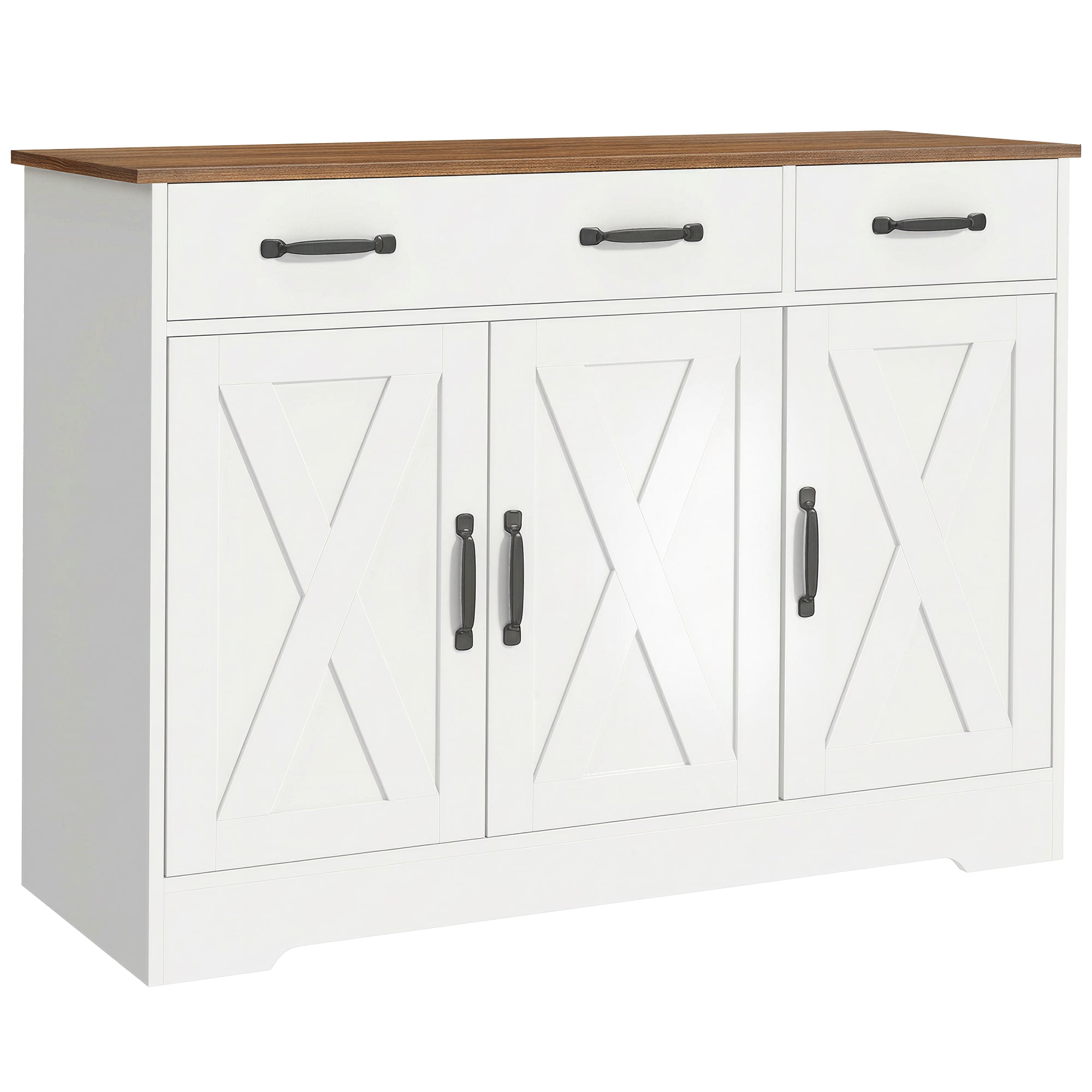 Buffet Cuisine, Meuble de Rangement avec 3 Portes de Grange, 2 Tiroirs et Étagères Réglables, Meuble TV pour Téléviseurs Jusqu'à 50 Pouces, pour Salon et Chambre, 108 x 40 x 81 cm, Blanc