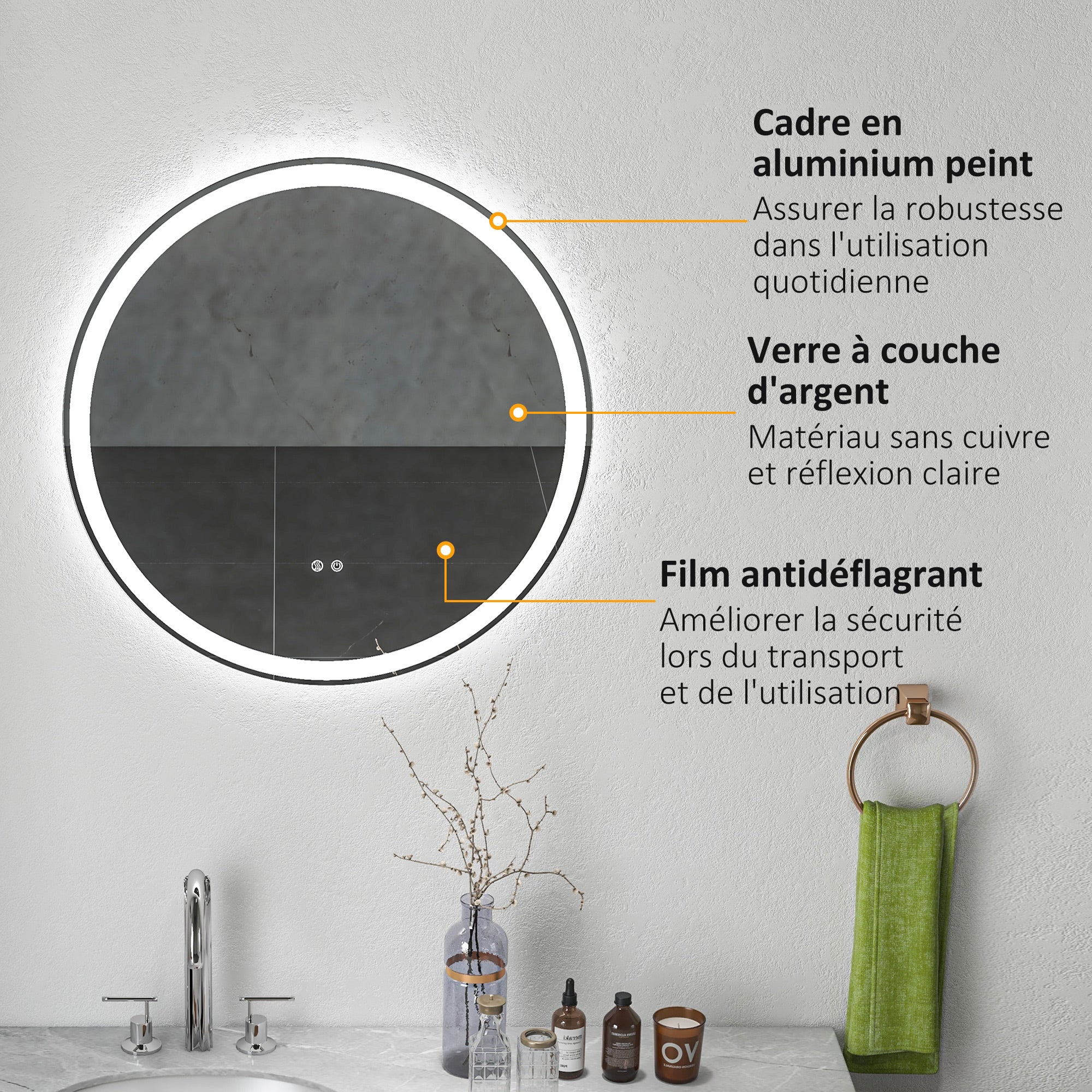 Miroir salle de bain avec éclairage Ø 70 cm miroir rond lumineux 3 couleurs interrupteur tactile système antibuée 23W blanc argent