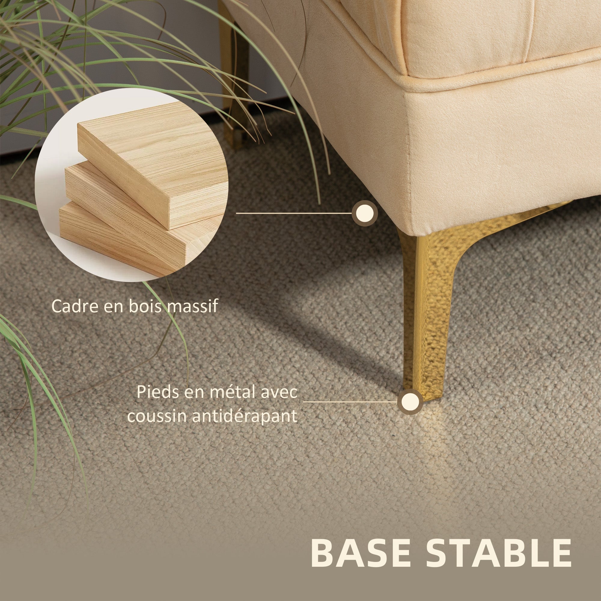 Banc banquette capitonnée bout de lit style classique chic dim. 118L x 45l x 42H cm piètement métal doré velours beige