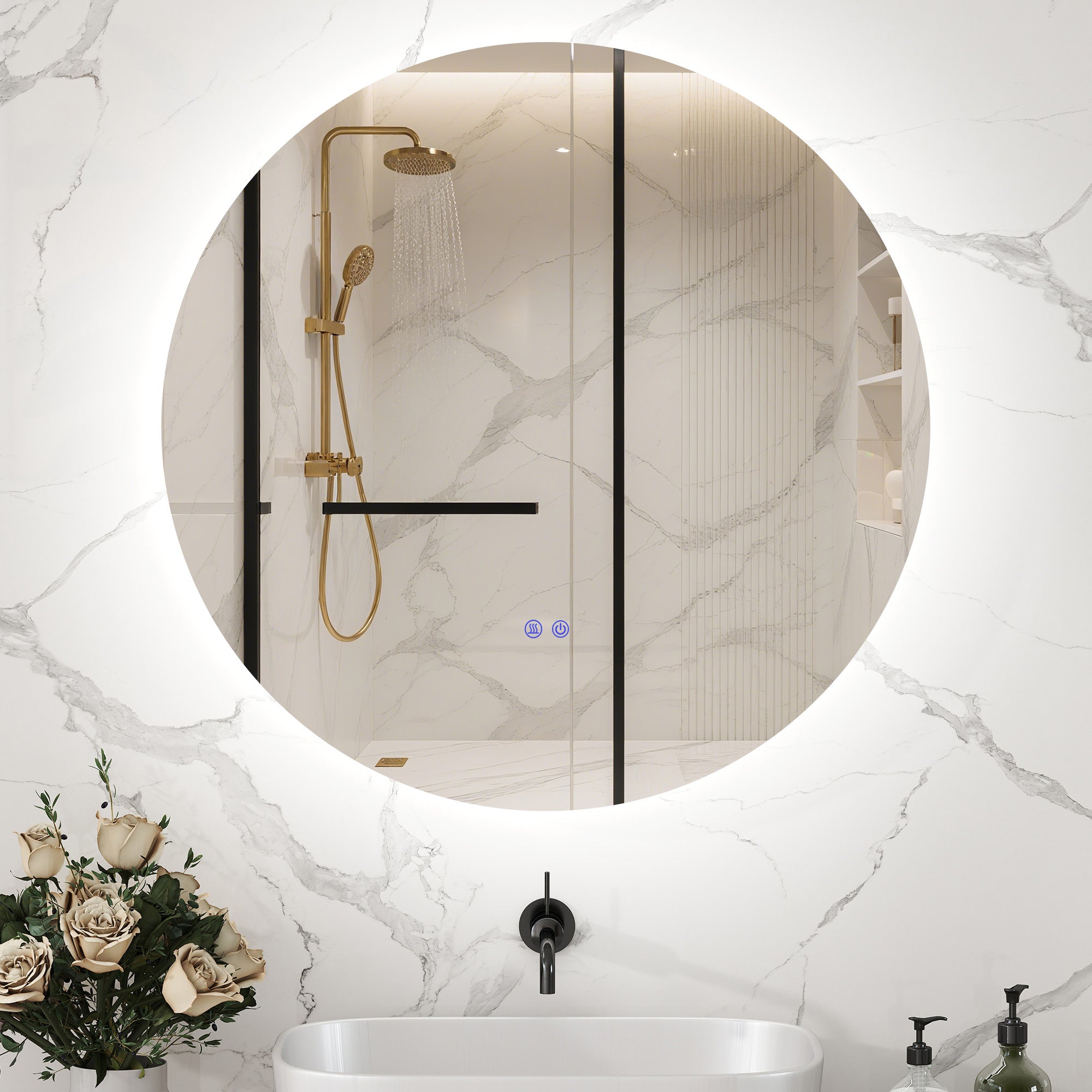 Miroir rond lumineux LED miroir mural de salle de bain 60 cm avec éclairage interrupteur tactile système antibuée luminosité réglable 29 W blanc et argent