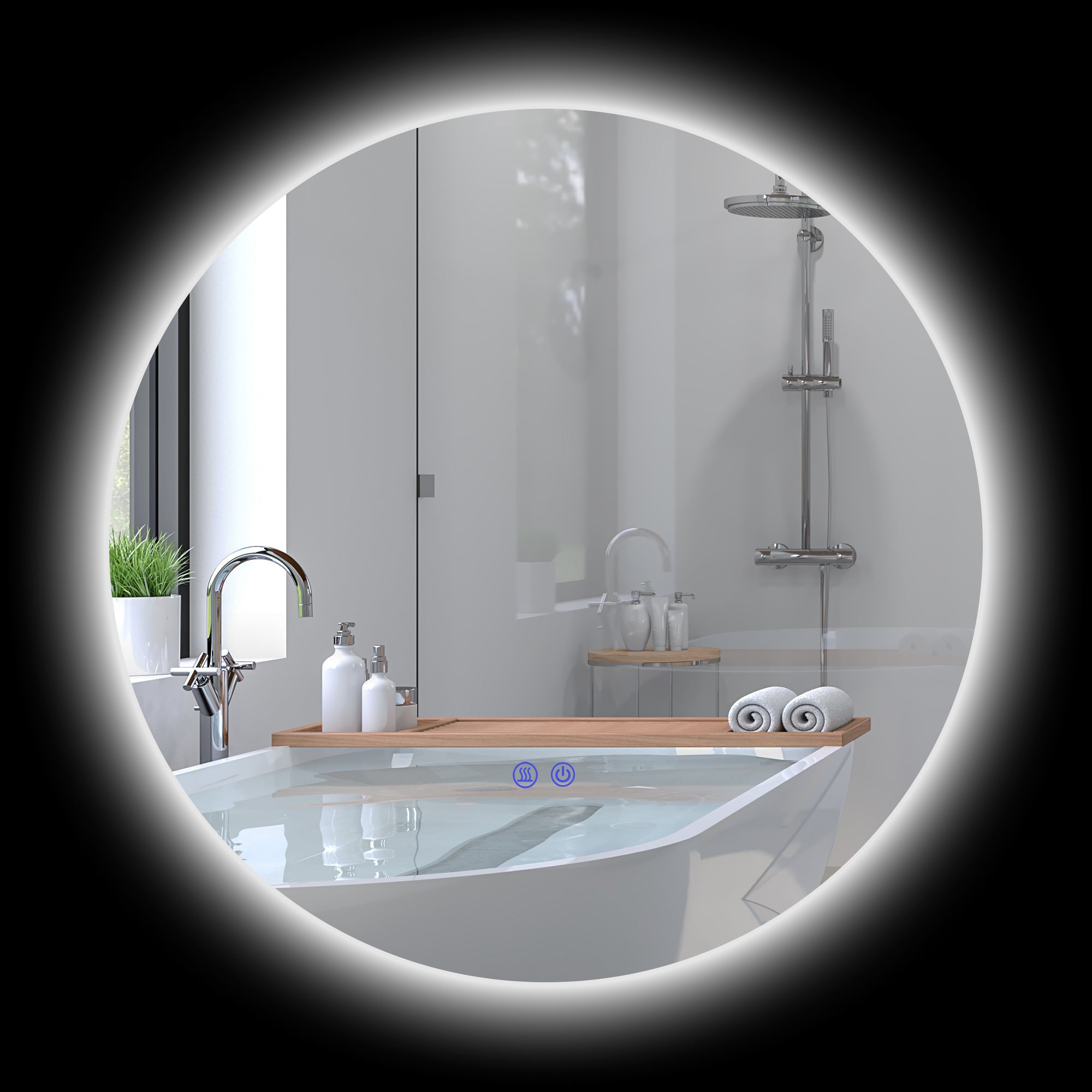 Miroir rond lumineux LED miroir mural de salle de bain 60 cm avec éclairage interrupteur tactile système antibuée luminosité réglable 29 W blanc et argent