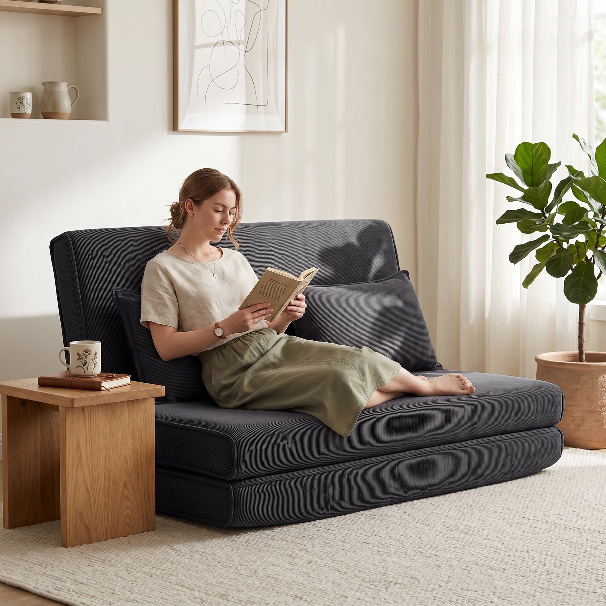 Canapé-Lit Pliant, Chauffeuse 2 Places Convertible Velours Côtelé, Matelas Pliable, Dossier Réglable, Assise Large, Coussin Épais et 2 Oreillers, pour Salon, Chambre et Bureau, Gris Foncé