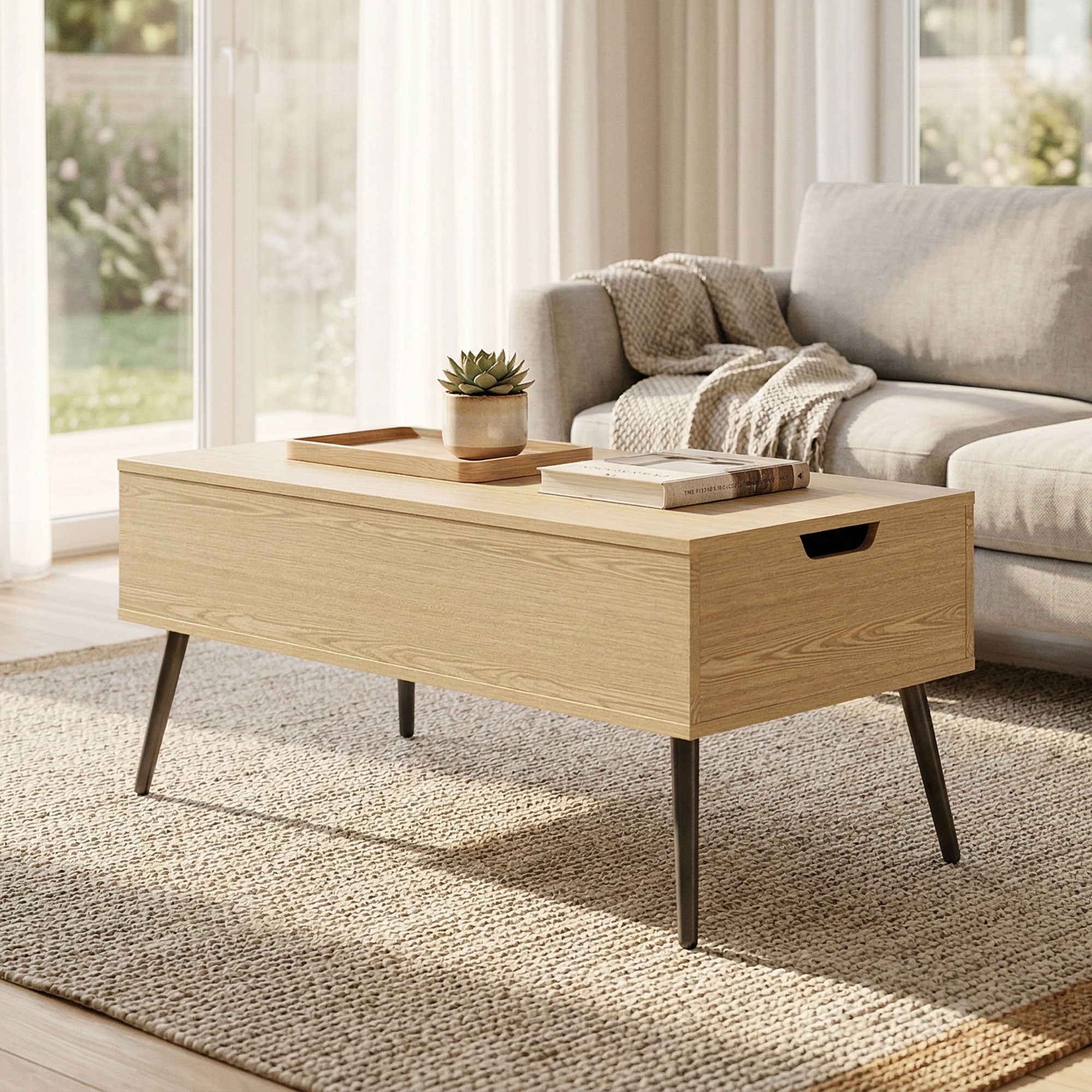 Table basse relevable avec double plateau, table de salon avec compartiment caché et pieds en métal, style moderne, pour salon, bureau, 100 x 50 x 58 cm, bois naturel