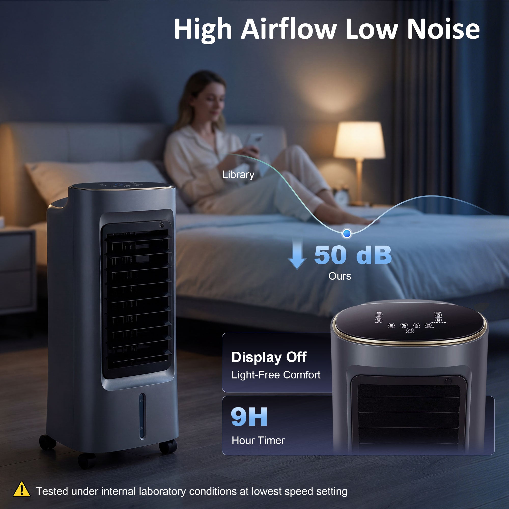 Refroidisseur d'air mobile 4 en 1 humidificateur, purificateur et ventilateur, oscillation 90°, 4 vitesses, 3 modes, réservoir d'eau 6L, packs de glace, télécommande, pour chambre bureau, gris