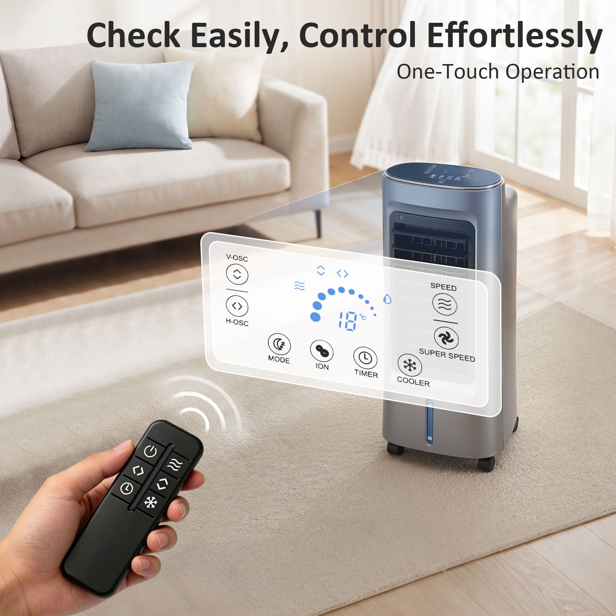 Refroidisseur d'air mobile 4 en 1 humidificateur, purificateur et ventilateur, oscillation 90°, 4 vitesses, 3 modes, réservoir d'eau 6L, packs de glace, télécommande, pour chambre bureau, gris