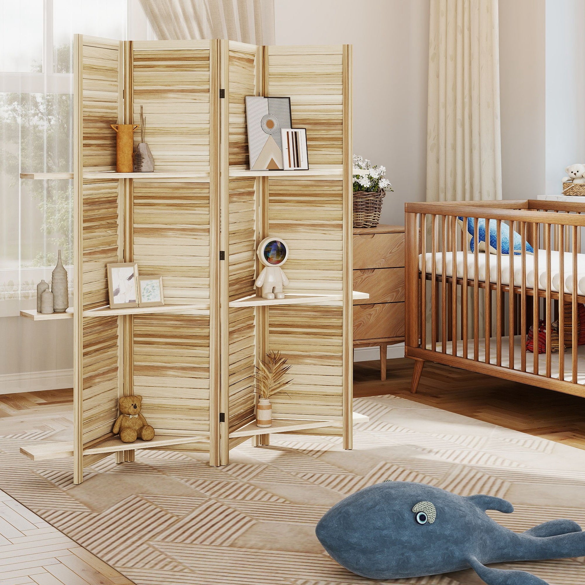 Paravent intérieur en bois 4 panneaux 160 x 170 cm, séparateur de pièce pliable avec 3 étagères, cloison de séparation pour salon, chambre à coucher, maison, bois naturel