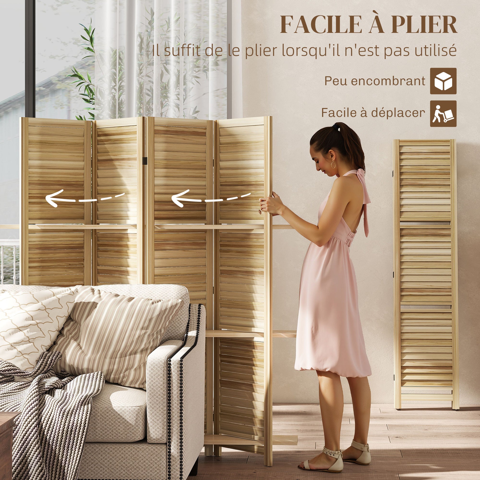 Paravent intérieur en bois 4 panneaux 160 x 170 cm, séparateur de pièce pliable avec 3 étagères, cloison de séparation pour salon, chambre à coucher, maison, bois naturel