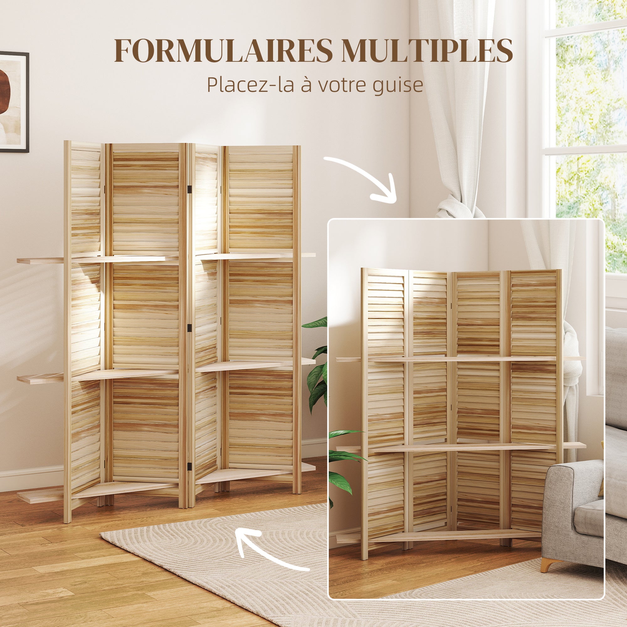 Paravent intérieur en bois 4 panneaux 160 x 170 cm, séparateur de pièce pliable avec 3 étagères, cloison de séparation pour salon, chambre à coucher, maison, bois naturel