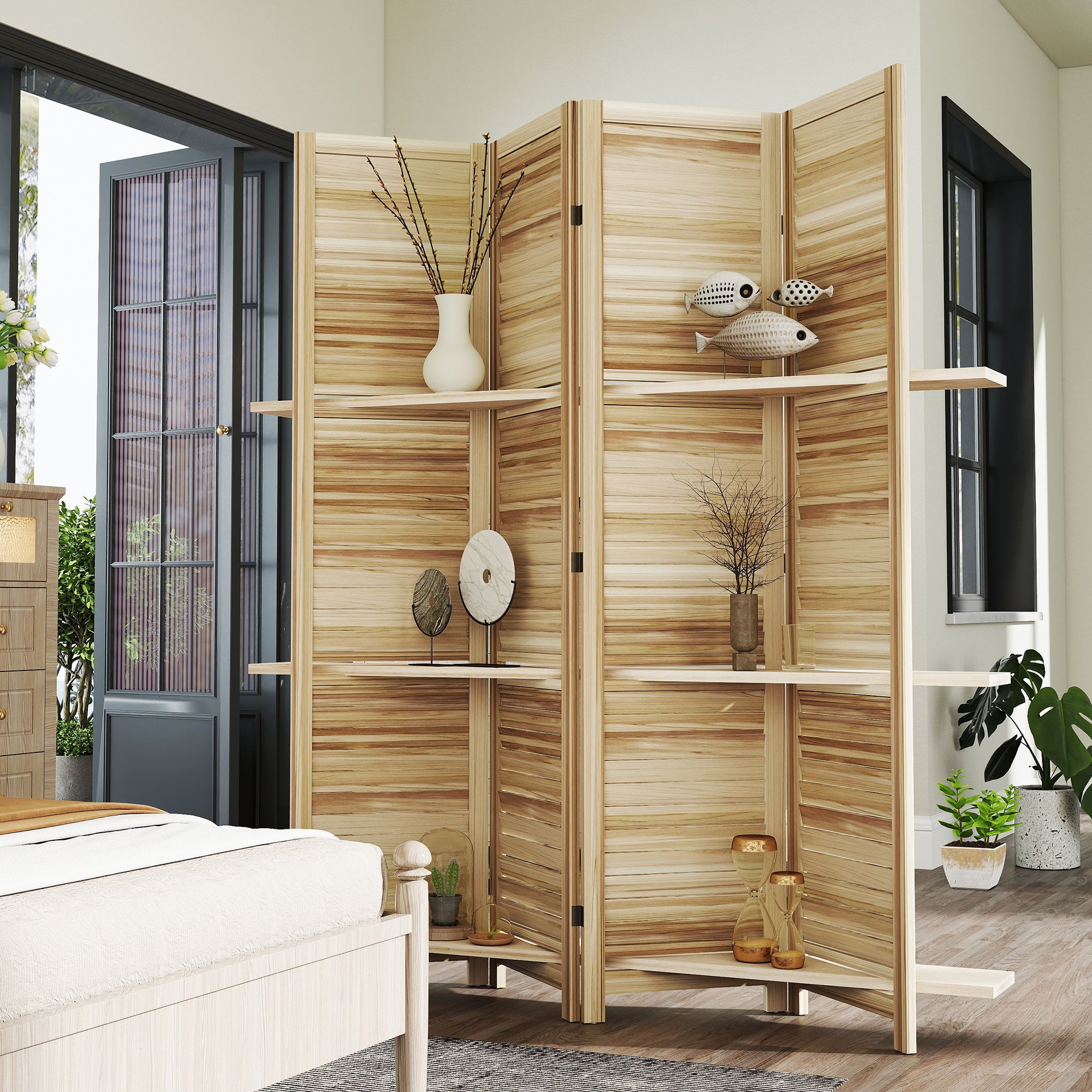 Paravent intérieur en bois 4 panneaux 160 x 170 cm, séparateur de pièce pliable avec 3 étagères, cloison de séparation pour salon, chambre à coucher, maison, bois naturel