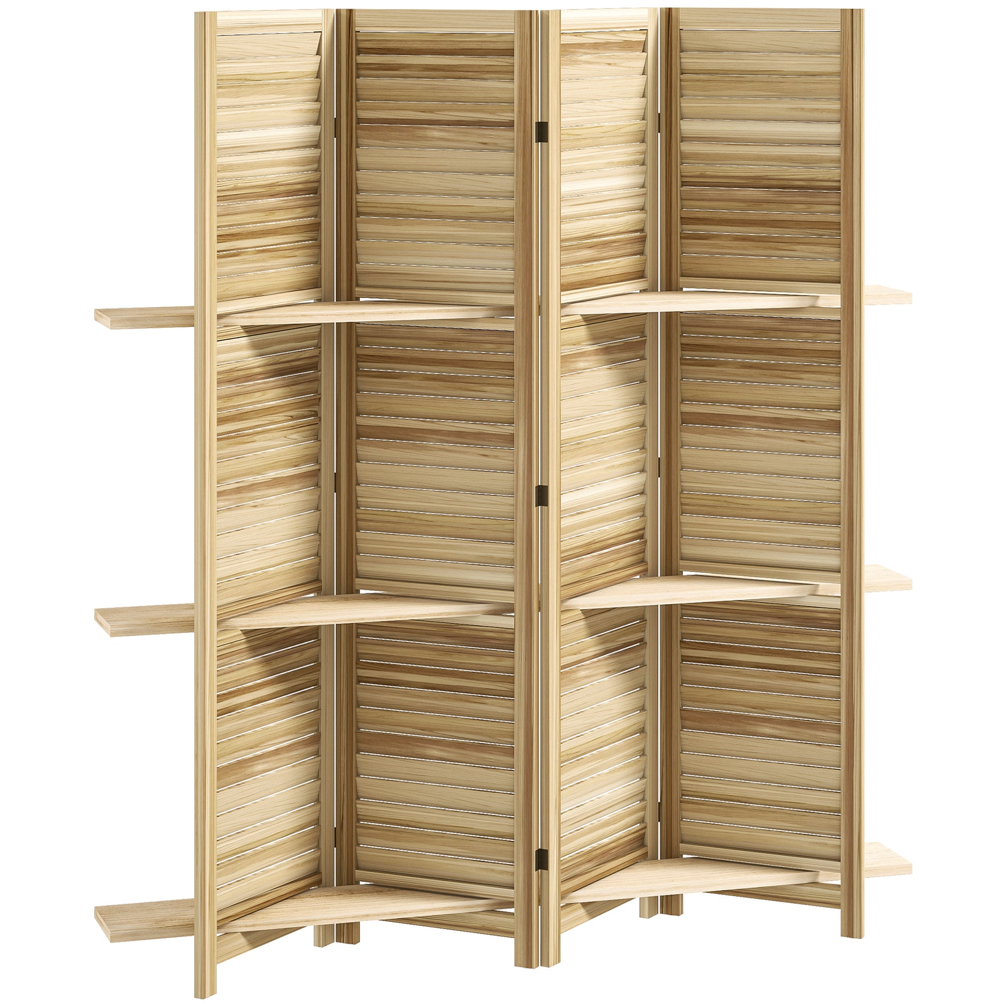 Paravent intérieur en bois 4 panneaux 160 x 170 cm, séparateur de pièce pliable avec 3 étagères, cloison de séparation pour salon, chambre à coucher, maison, bois naturel