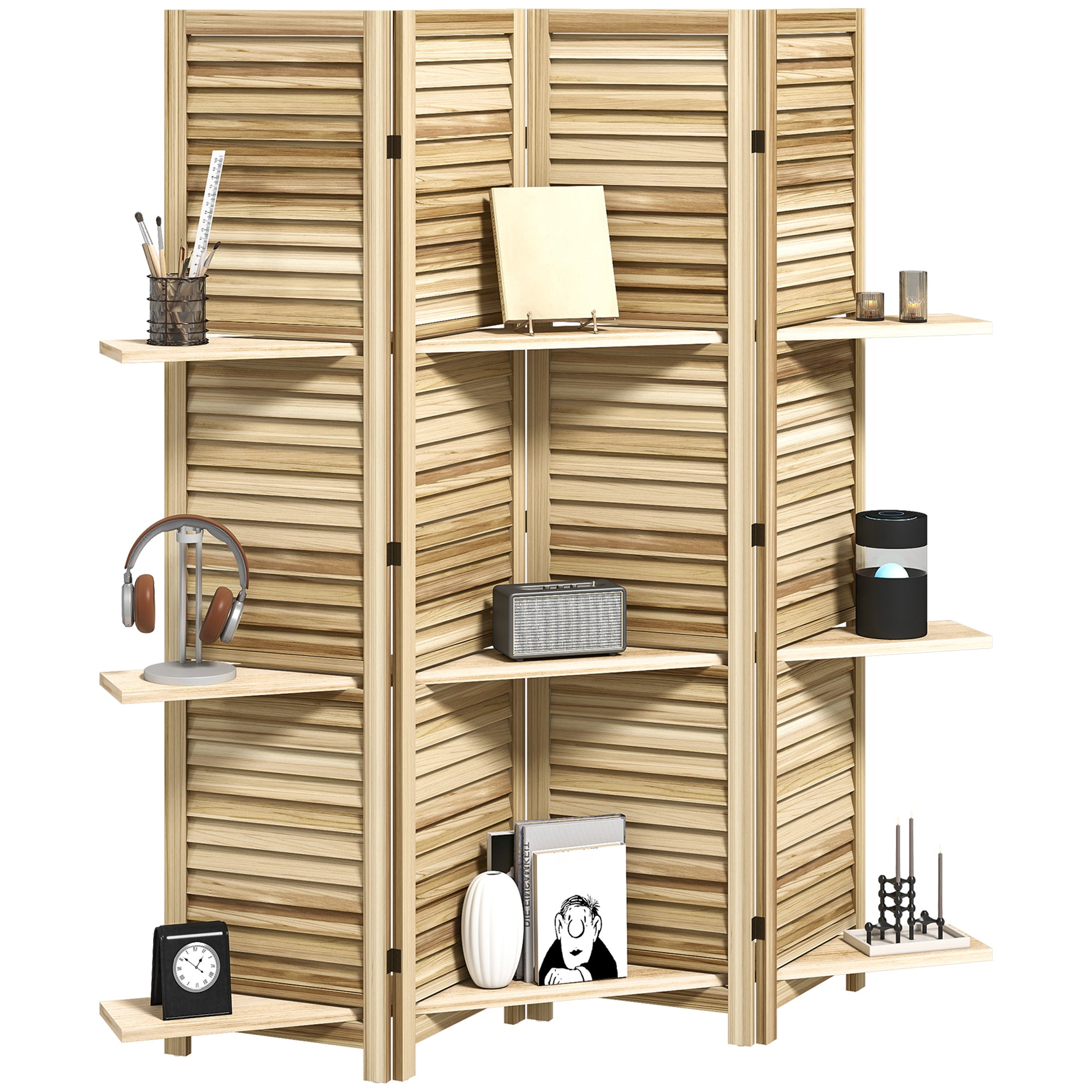 Paravent intérieur en bois 4 panneaux 160 x 170 cm, séparateur de pièce pliable avec 3 étagères, cloison de séparation pour salon, chambre à coucher, maison, bois naturel