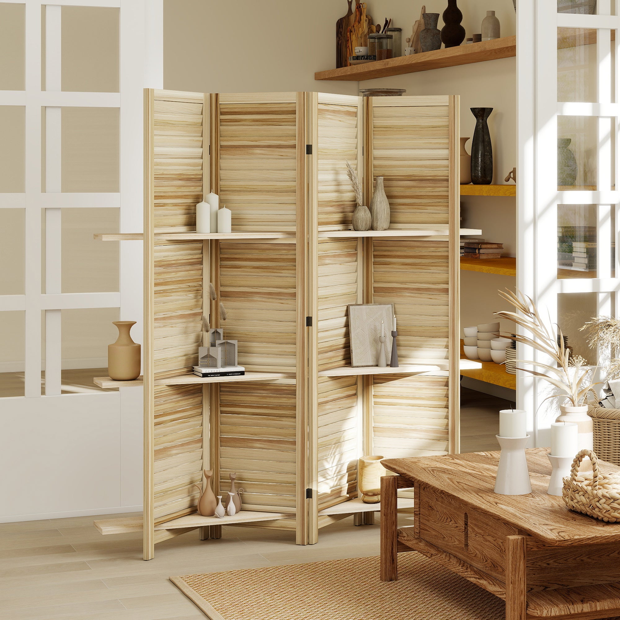 Paravent intérieur en bois 4 panneaux 160 x 170 cm, séparateur de pièce pliable avec 3 étagères, cloison de séparation pour salon, chambre à coucher, maison, bois naturel