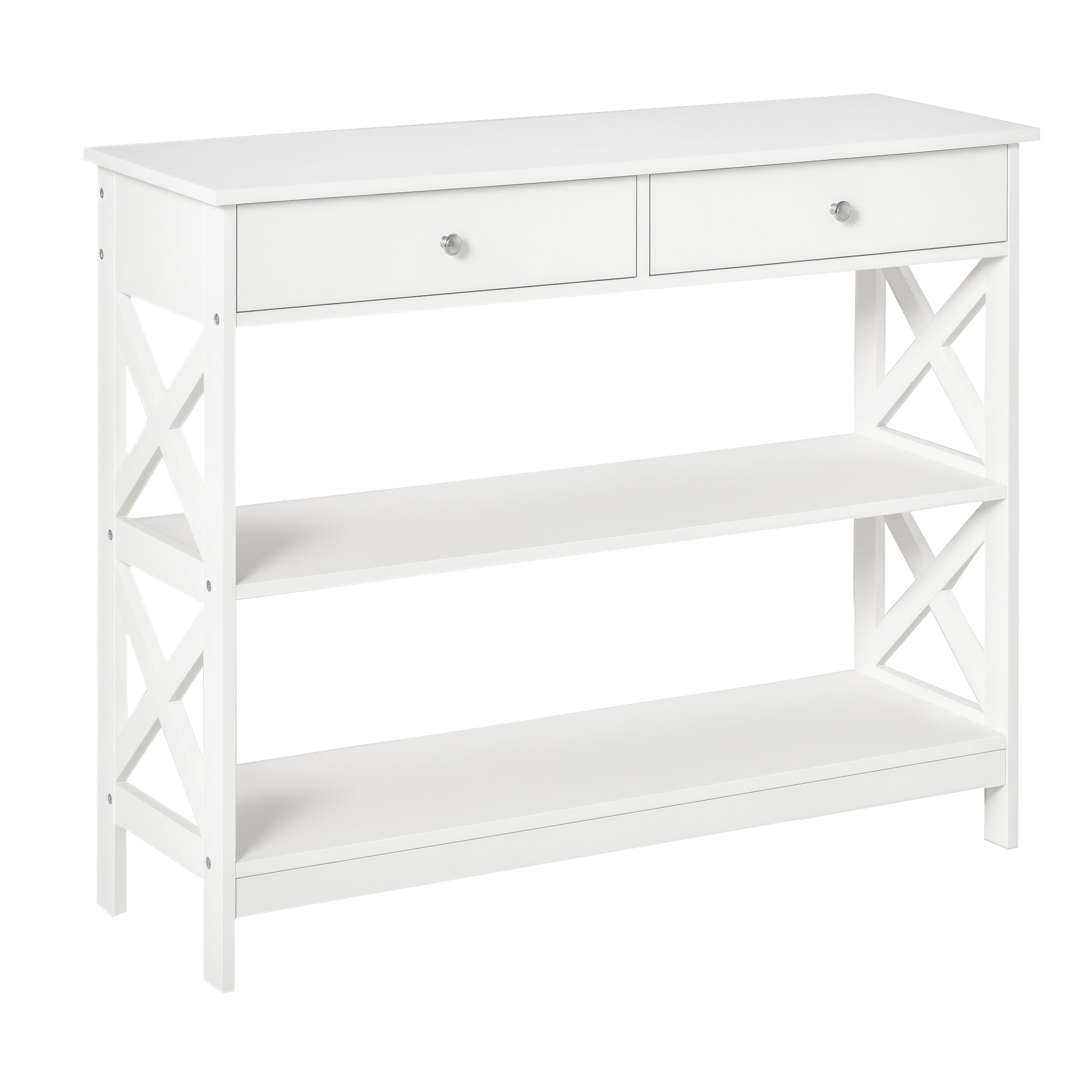 Table de console table d'entrée style table de drapier néo-rétro 2 tiroirs 2 étagères dim. 100L x 30.5l x 80H cm en bois Blanc