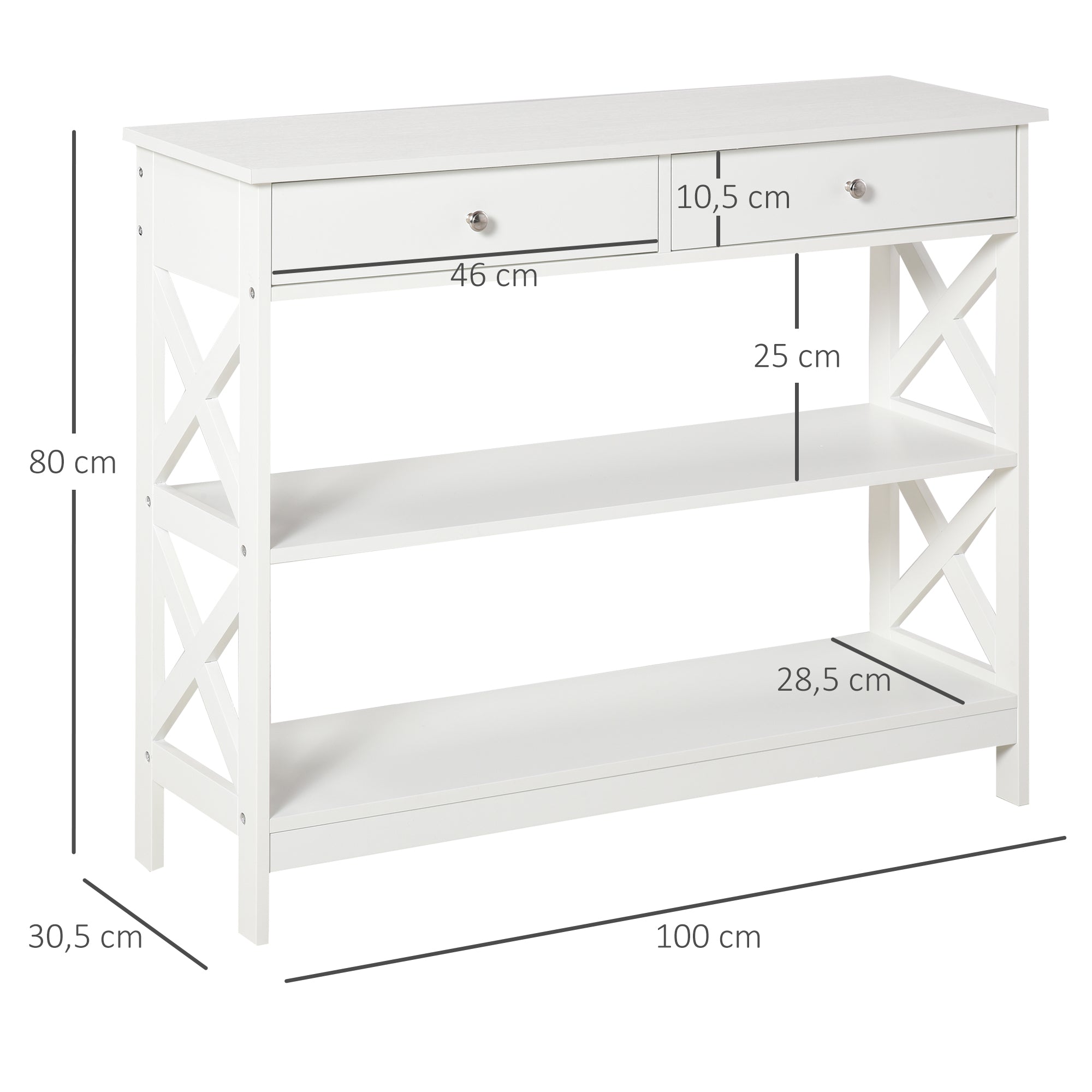Table de console table d'entrée style table de drapier néo-rétro 2 tiroirs 2 étagères dim. 100L x 30.5l x 80H cm en bois Blanc