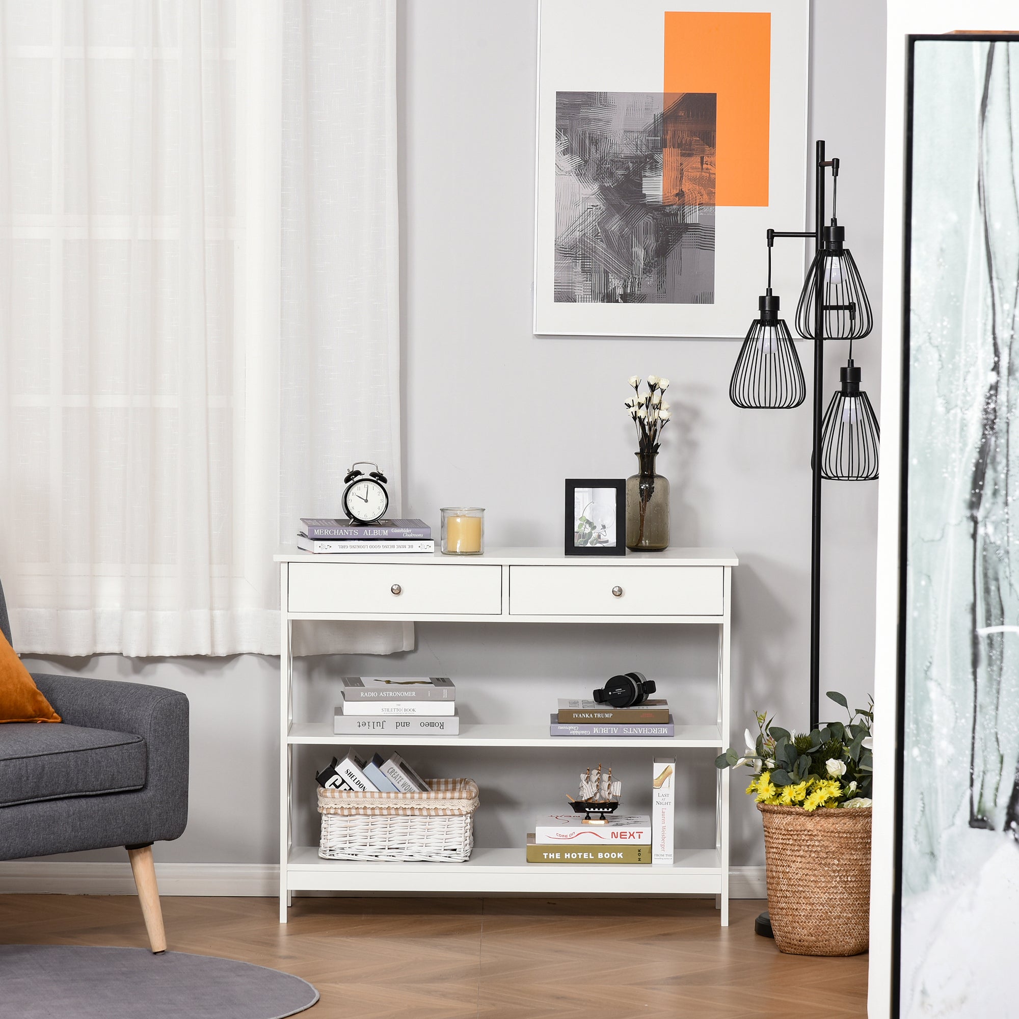 Table de console table d'entrée style table de drapier néo-rétro 2 tiroirs 2 étagères dim. 100L x 30.5l x 80H cm en bois Blanc