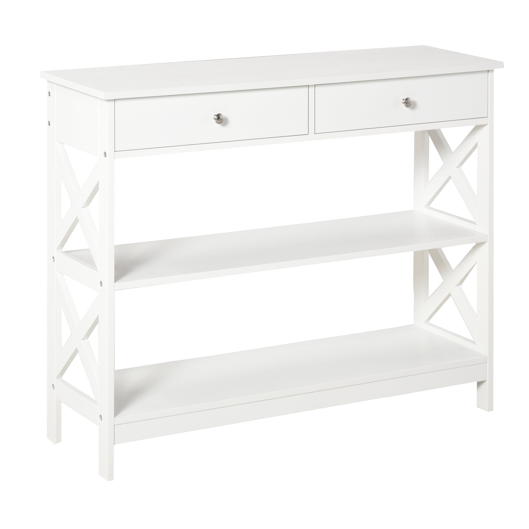 Table de console table d'entrée style table de drapier néo-rétro 2 tiroirs 2 étagères dim. 100L x 30.5l x 80H cm en bois Blanc