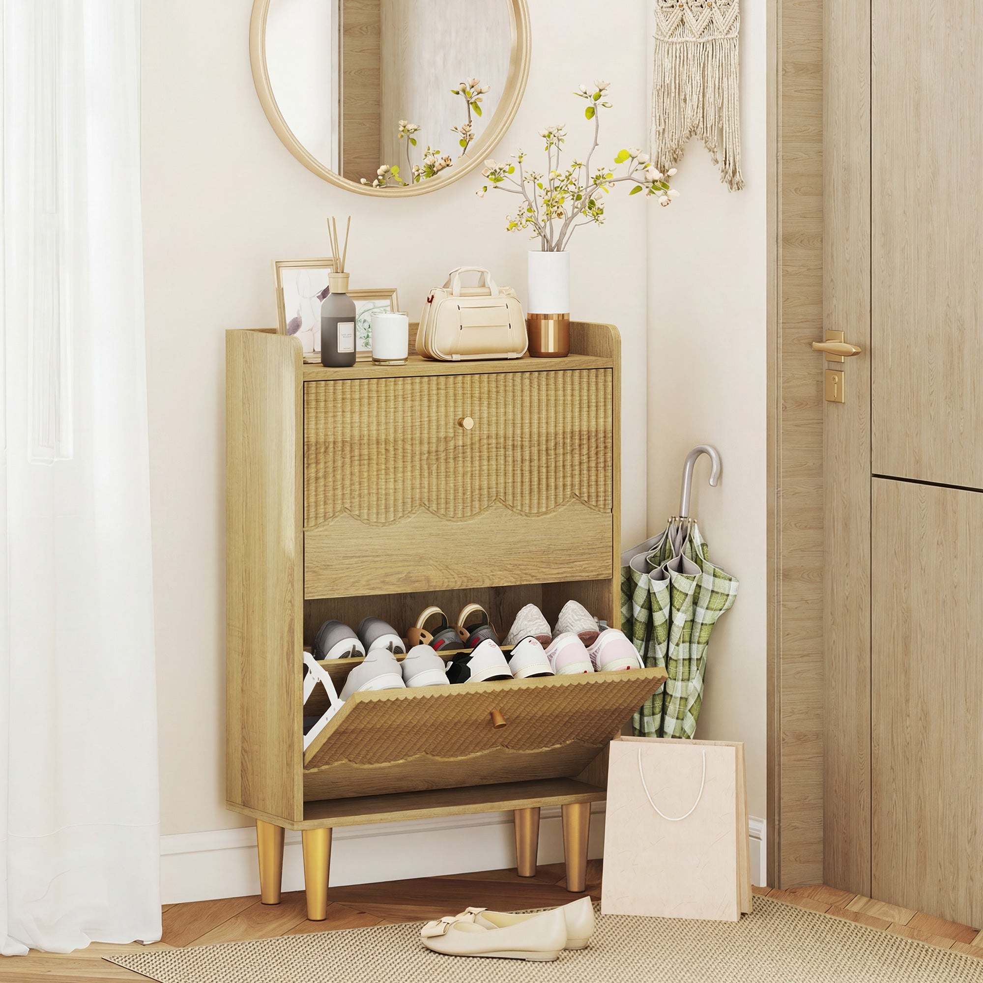 Meuble à chaussures 12 paires, armoire à chaussures étroite, 2 tiroirs rabattables, étagères réglables et plateau supérieur, pour couloir et entrée, 60 x 24 x 92 cm, chêne