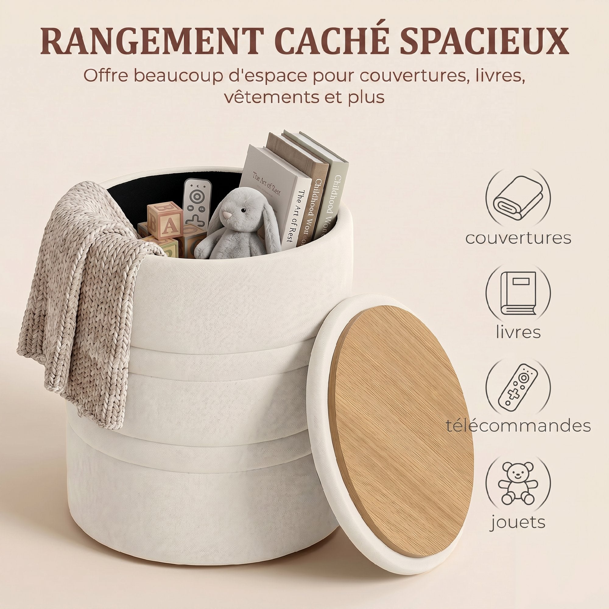 Pouf coffre rangement, tabouret rond avec couvercle, pouf repose-pieds en chenille, pour la chambre à coucher, entrée, salon, charge 120 Kg, Ø 36,5 x 46,5 cm, beige