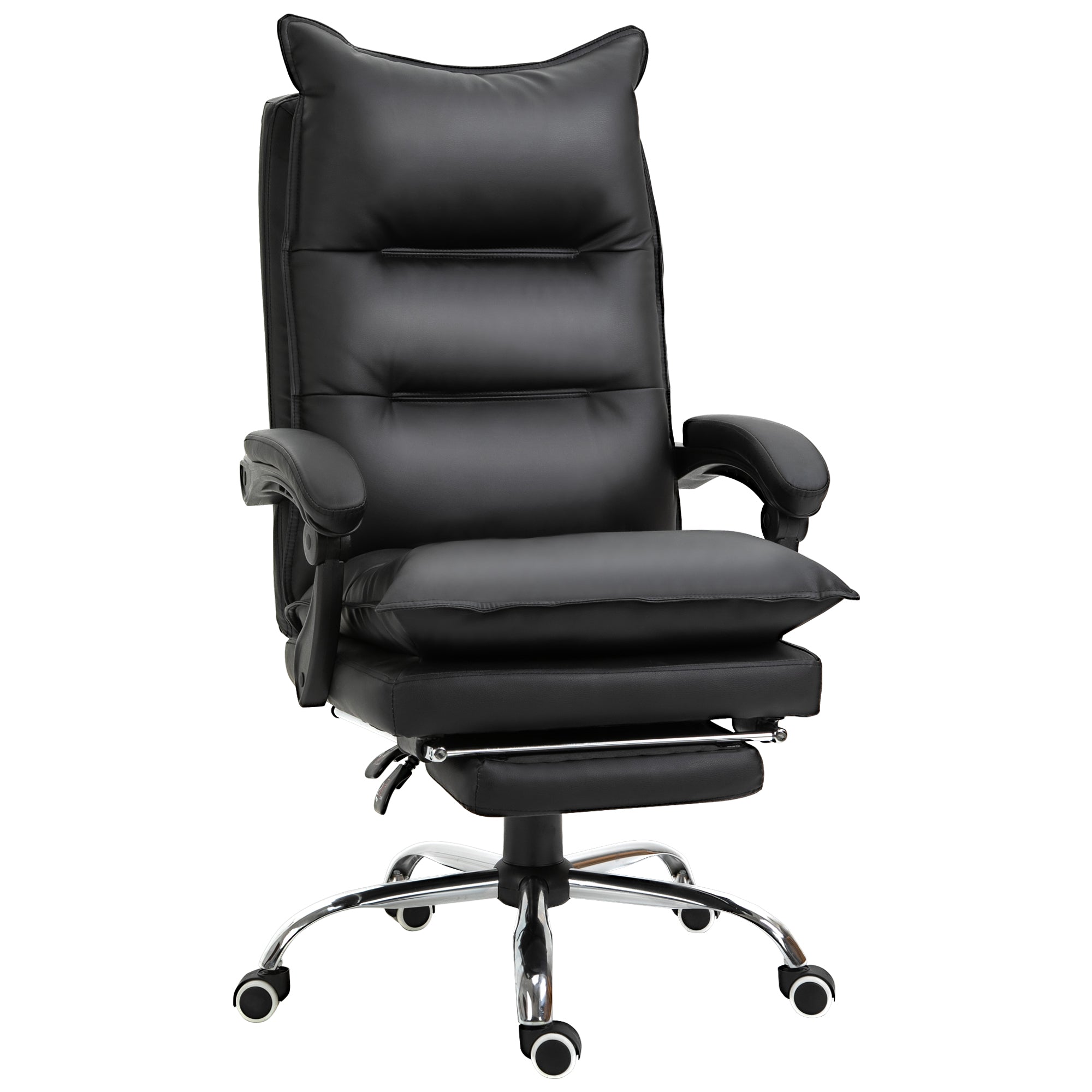 Fauteuil de bureau, chaise bureau ergonomique en similicuir avec large assise rembourrée, dossier inclinable, hauteur réglable, accoudoirs et repose-pied intégrés, charge 135 Kg, noir