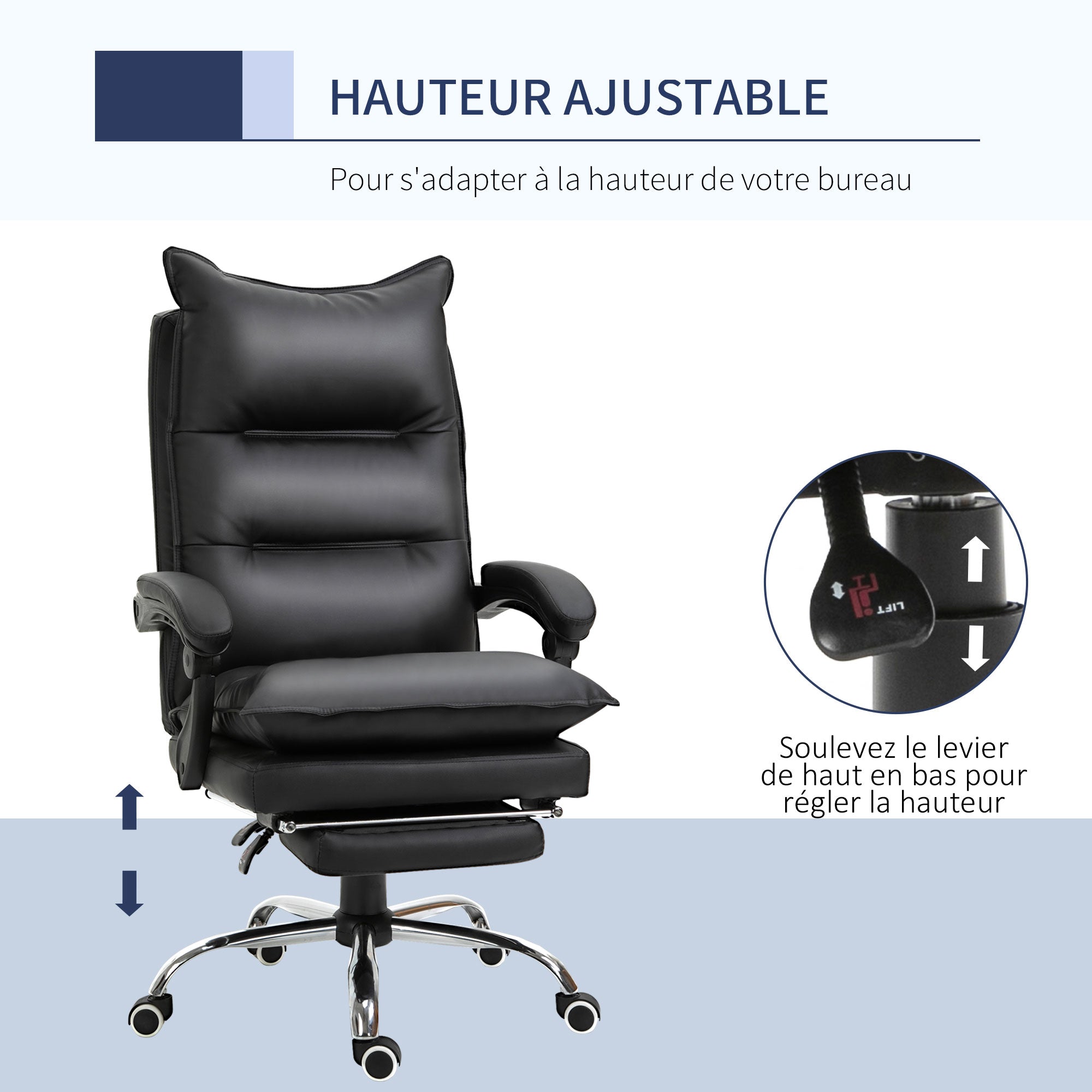 Fauteuil de bureau, chaise bureau ergonomique en similicuir avec large assise rembourrée, dossier inclinable, hauteur réglable, accoudoirs et repose-pied intégrés, charge 135 Kg, noir