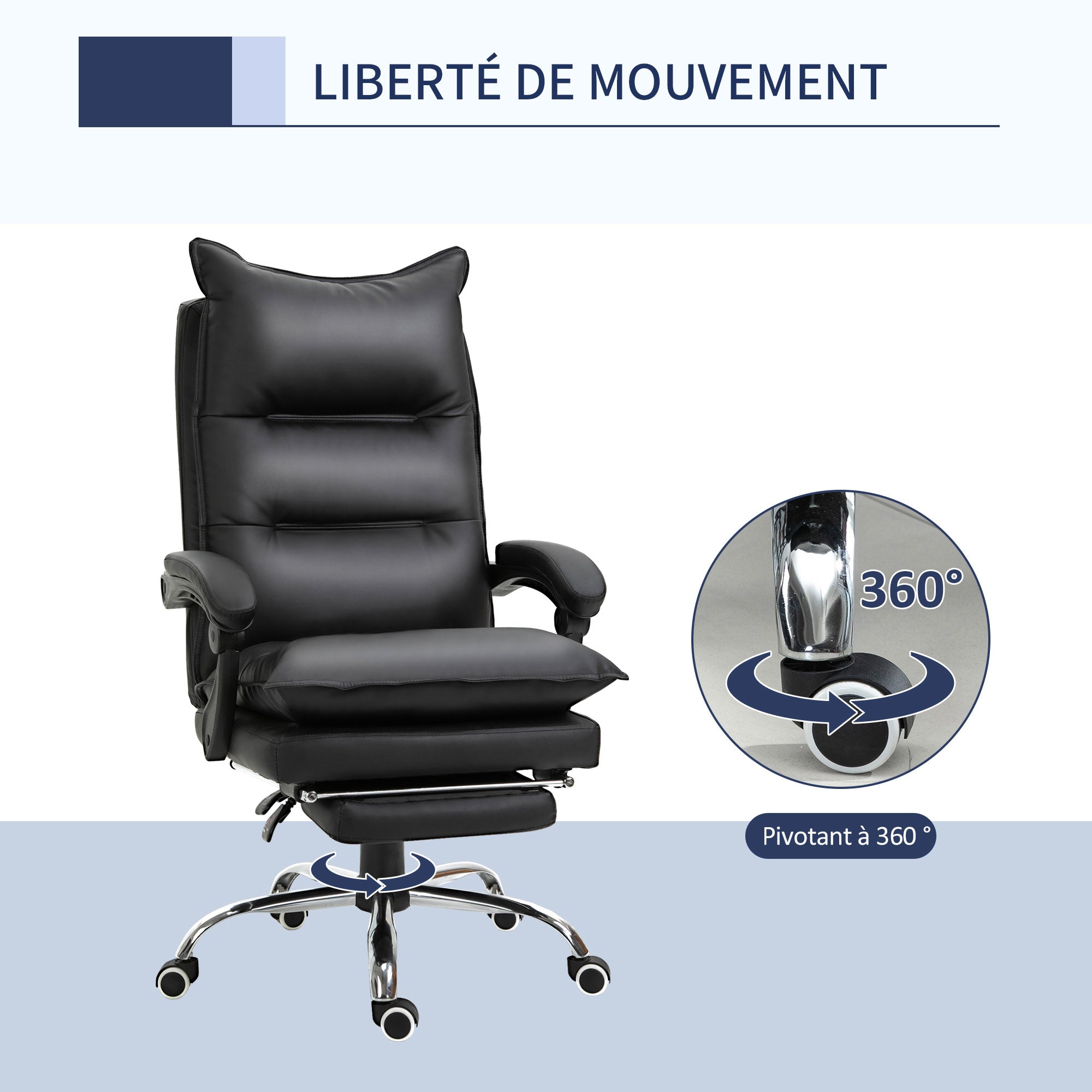 Fauteuil de bureau, chaise bureau ergonomique en similicuir avec large assise rembourrée, dossier inclinable, hauteur réglable, accoudoirs et repose-pied intégrés, charge 135 Kg, noir