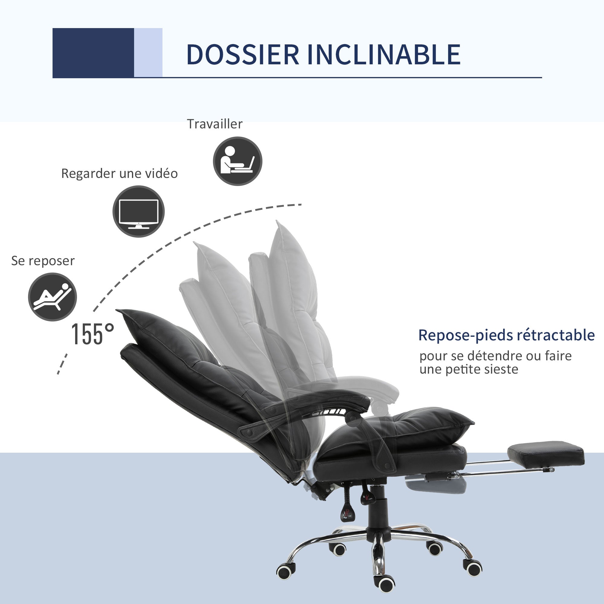 Fauteuil de bureau, chaise bureau ergonomique en similicuir avec large assise rembourrée, dossier inclinable, hauteur réglable, accoudoirs et repose-pied intégrés, charge 135 Kg, noir