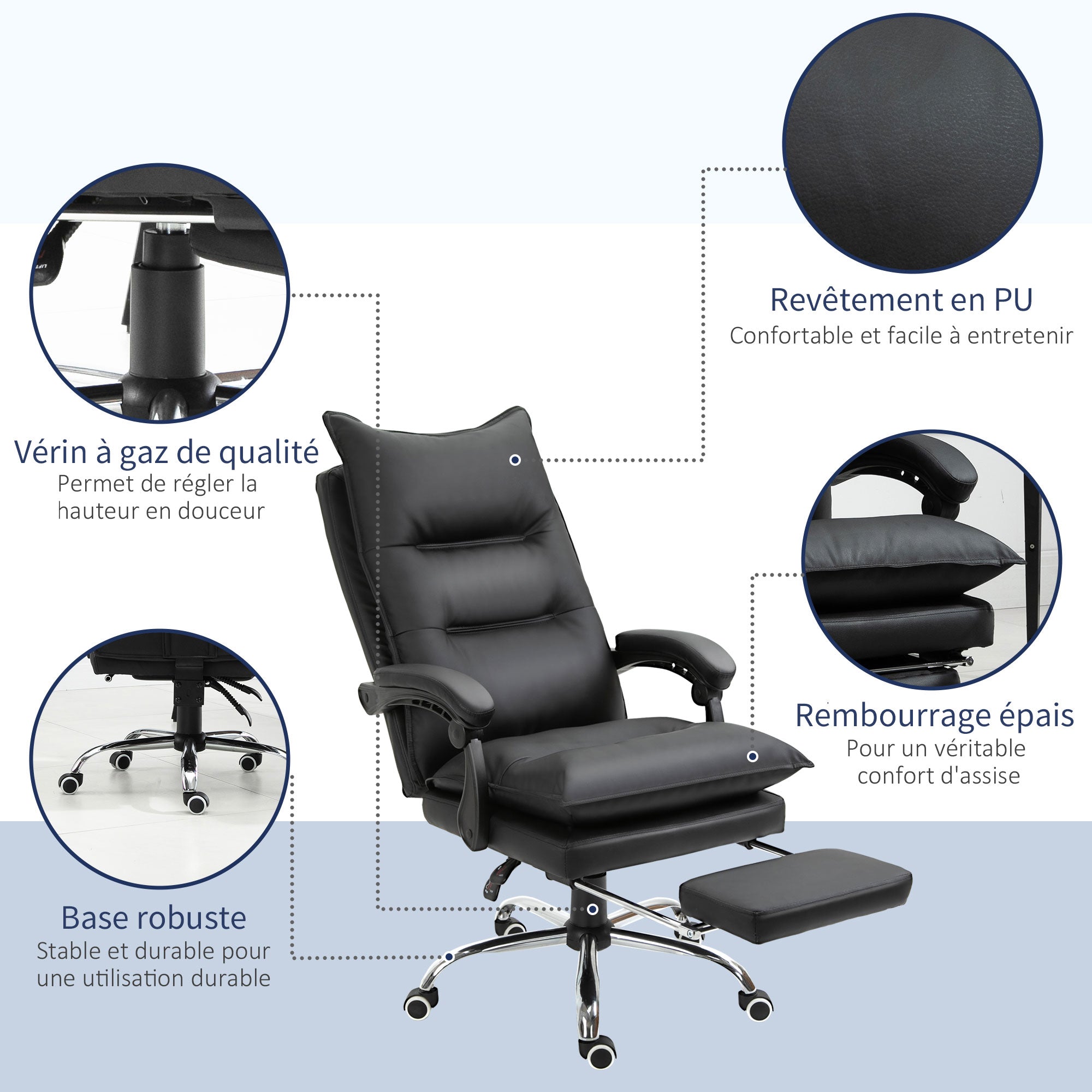 Fauteuil de bureau, chaise bureau ergonomique en similicuir avec large assise rembourrée, dossier inclinable, hauteur réglable, accoudoirs et repose-pied intégrés, charge 135 Kg, noir