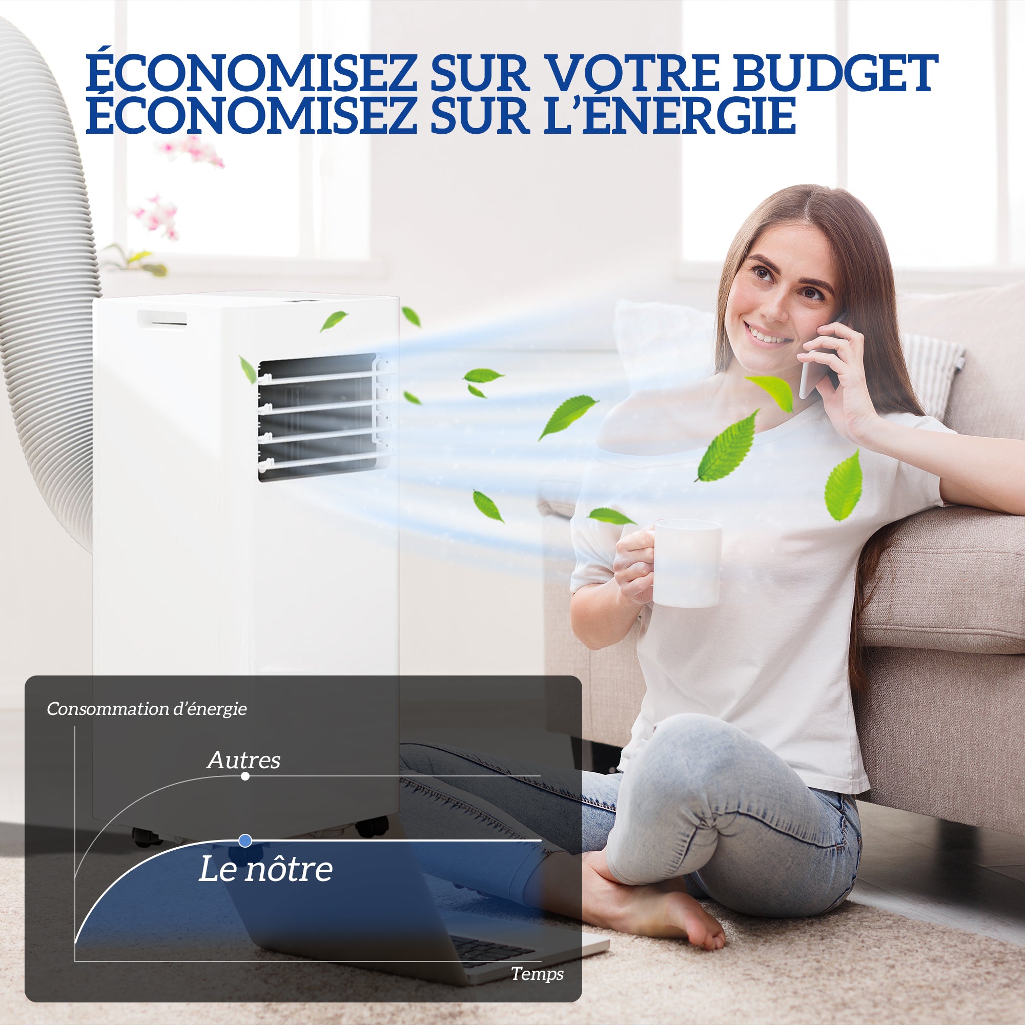 Climatiseur mobile 9000 BTU/H 2,6KW climatiseur portable 3 en 1 refroidissement, ventilateur, déshumidificateur, mode veille, minuterie 24H, 2 vitesses et télécommande, kit d'évacution, blanc
