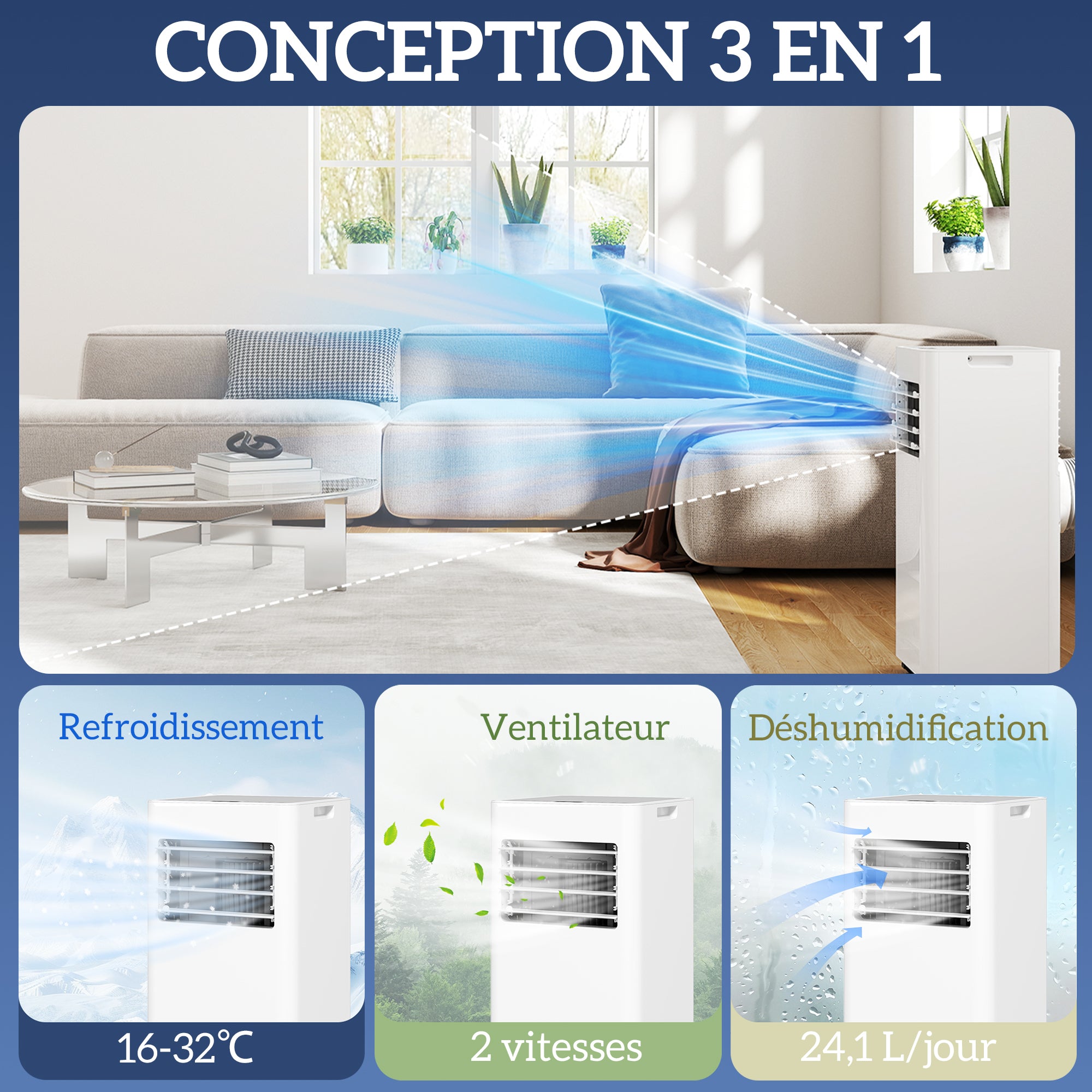Climatiseur mobile 9000 BTU/H 2,6KW climatiseur portable 3 en 1 refroidissement, ventilateur, déshumidificateur, mode veille, minuterie 24H, 2 vitesses et télécommande, kit d'évacution, blanc