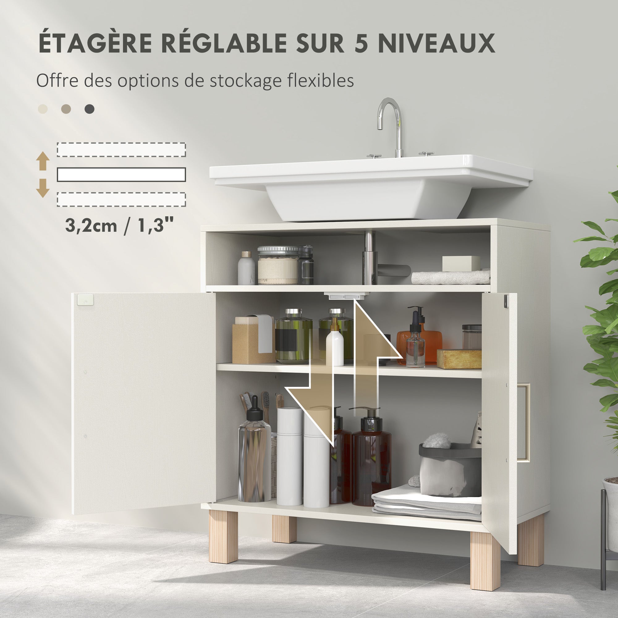 Meuble salle de bain sous lavabo, meuble sous lavabo, étagère ouverte placard 2 portes magnétiques avec étagère réglable, 60 x 30 x 63 cm, blanc