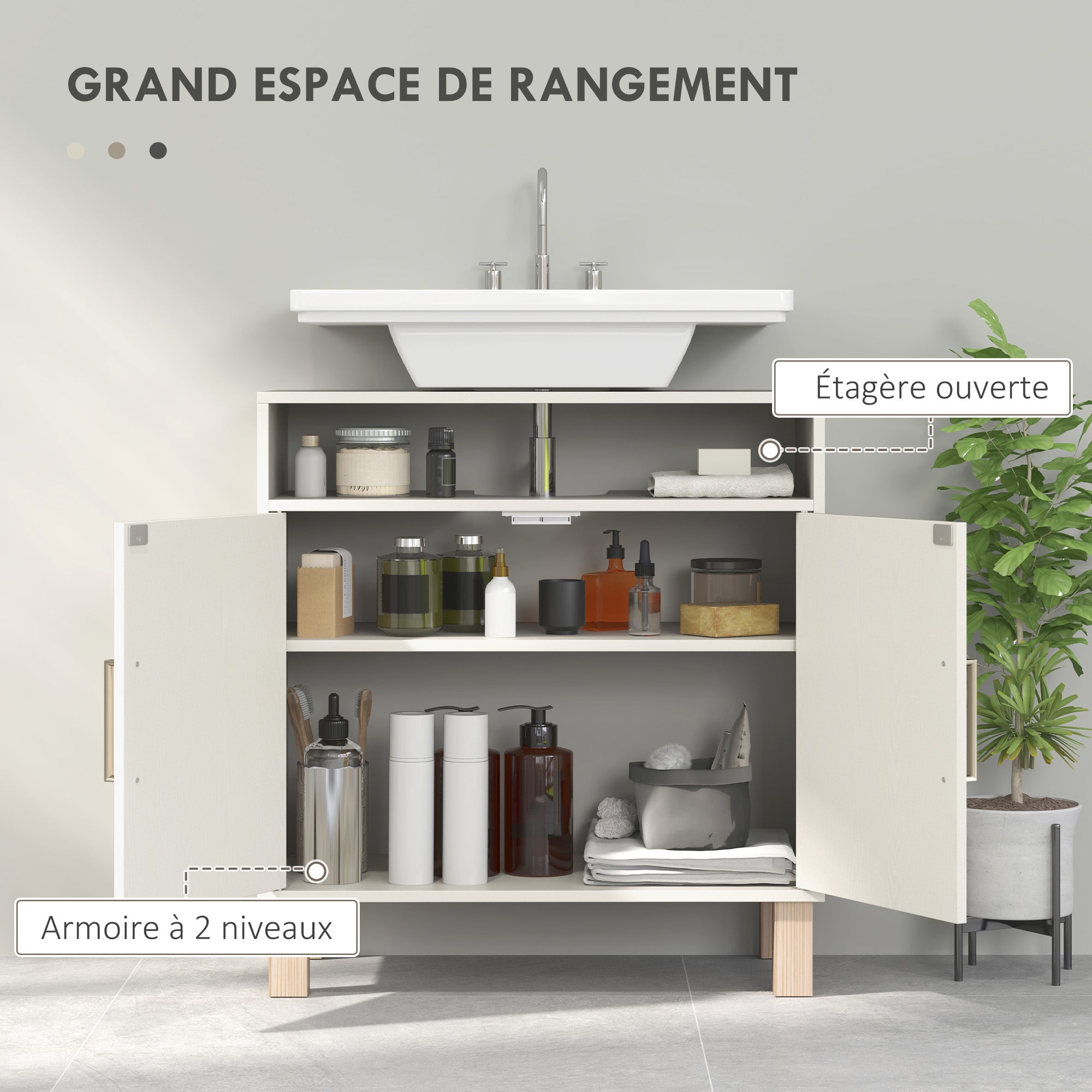 Meuble salle de bain sous lavabo, meuble sous lavabo, étagère ouverte placard 2 portes magnétiques avec étagère réglable, 60 x 30 x 63 cm, blanc