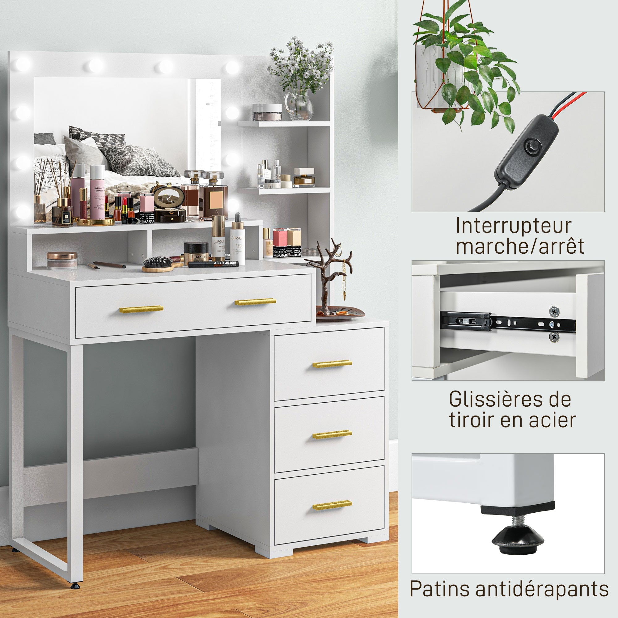 Coiffeuse avec miroir et 9 lumières LED, table de maquillage style moderne - 4 tiroirs et 6 compartiments ouverts, coiffeuse pour chambre à coucher, salon, 100 x 40 x 138 cm, blanc