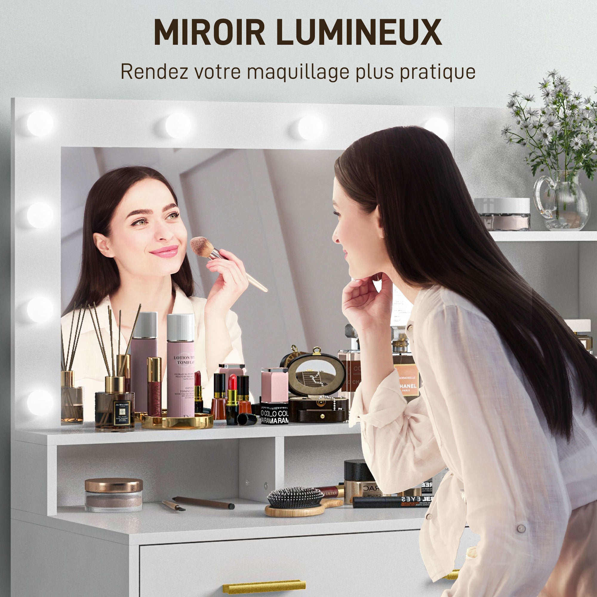 Coiffeuse avec miroir et 9 lumières LED, table de maquillage style moderne - 4 tiroirs et 6 compartiments ouverts, coiffeuse pour chambre à coucher, salon, 100 x 40 x 138 cm, blanc