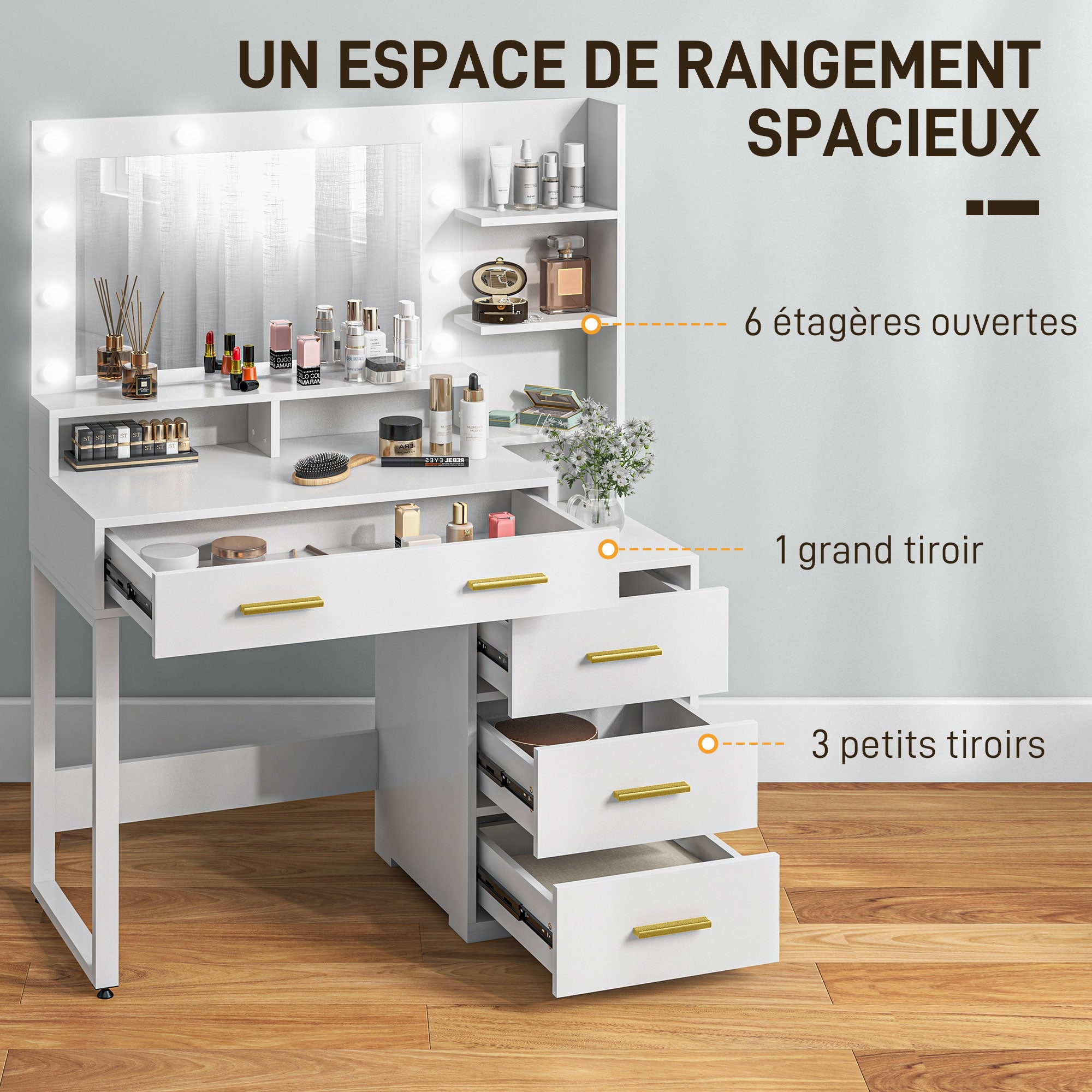 Coiffeuse avec miroir et 9 lumières LED, table de maquillage style moderne - 4 tiroirs et 6 compartiments ouverts, coiffeuse pour chambre à coucher, salon, 100 x 40 x 138 cm, blanc