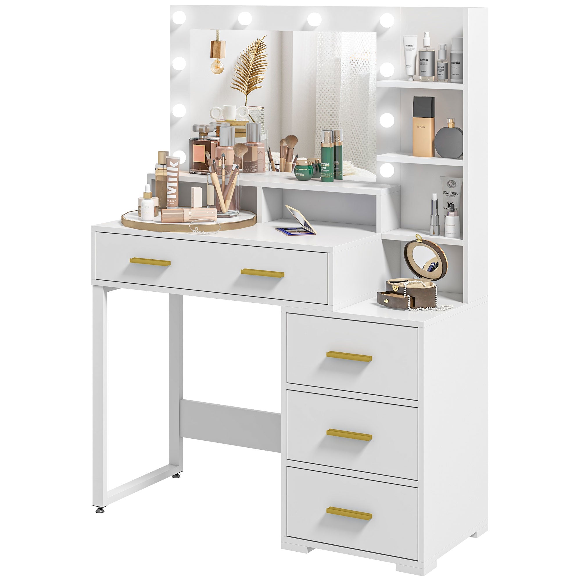 Coiffeuse avec miroir et 9 lumières LED, table de maquillage style moderne - 4 tiroirs et 6 compartiments ouverts, coiffeuse pour chambre à coucher, salon, 100 x 40 x 138 cm, blanc