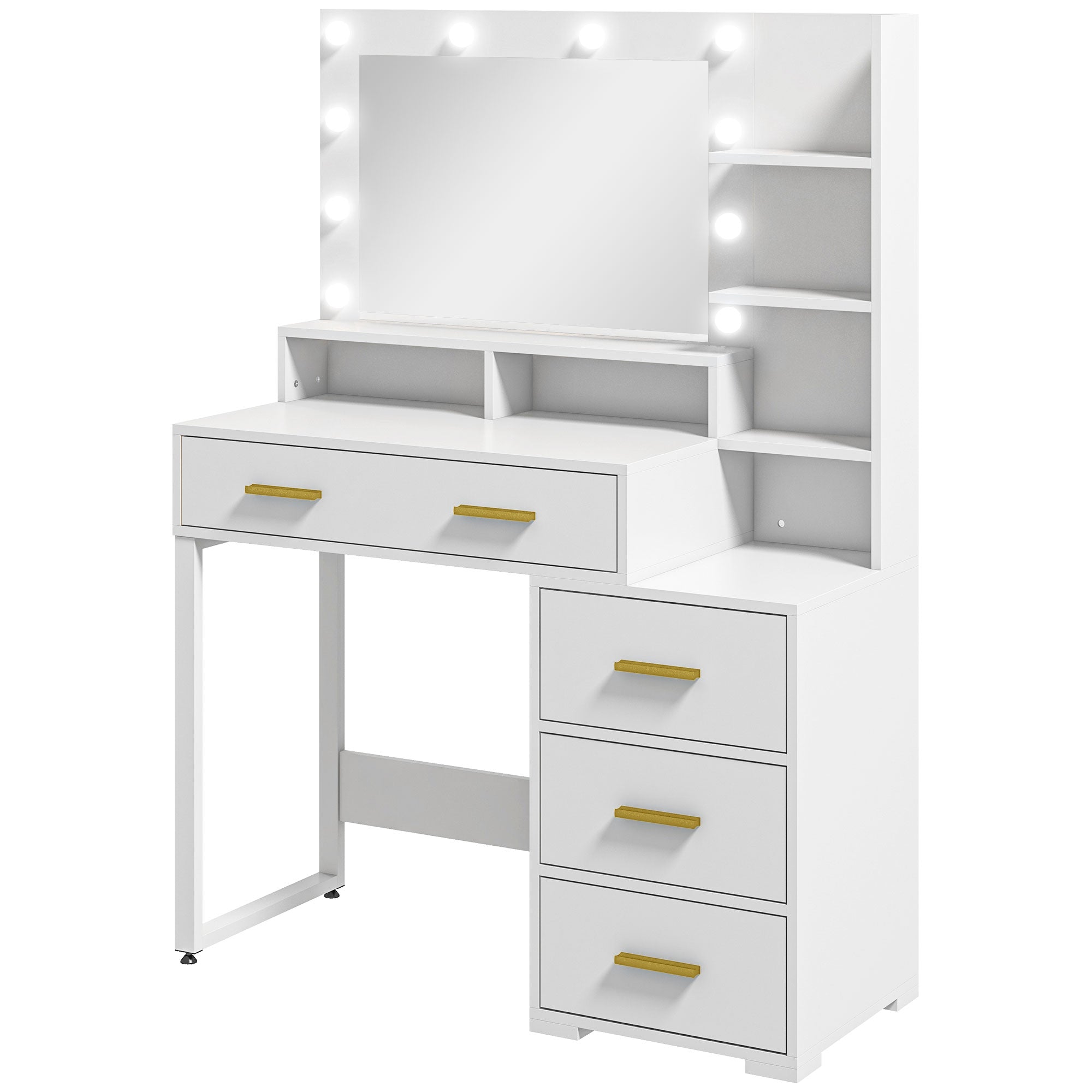 Coiffeuse avec miroir et 9 lumières LED, table de maquillage style moderne - 4 tiroirs et 6 compartiments ouverts, coiffeuse pour chambre à coucher, salon, 100 x 40 x 138 cm, blanc