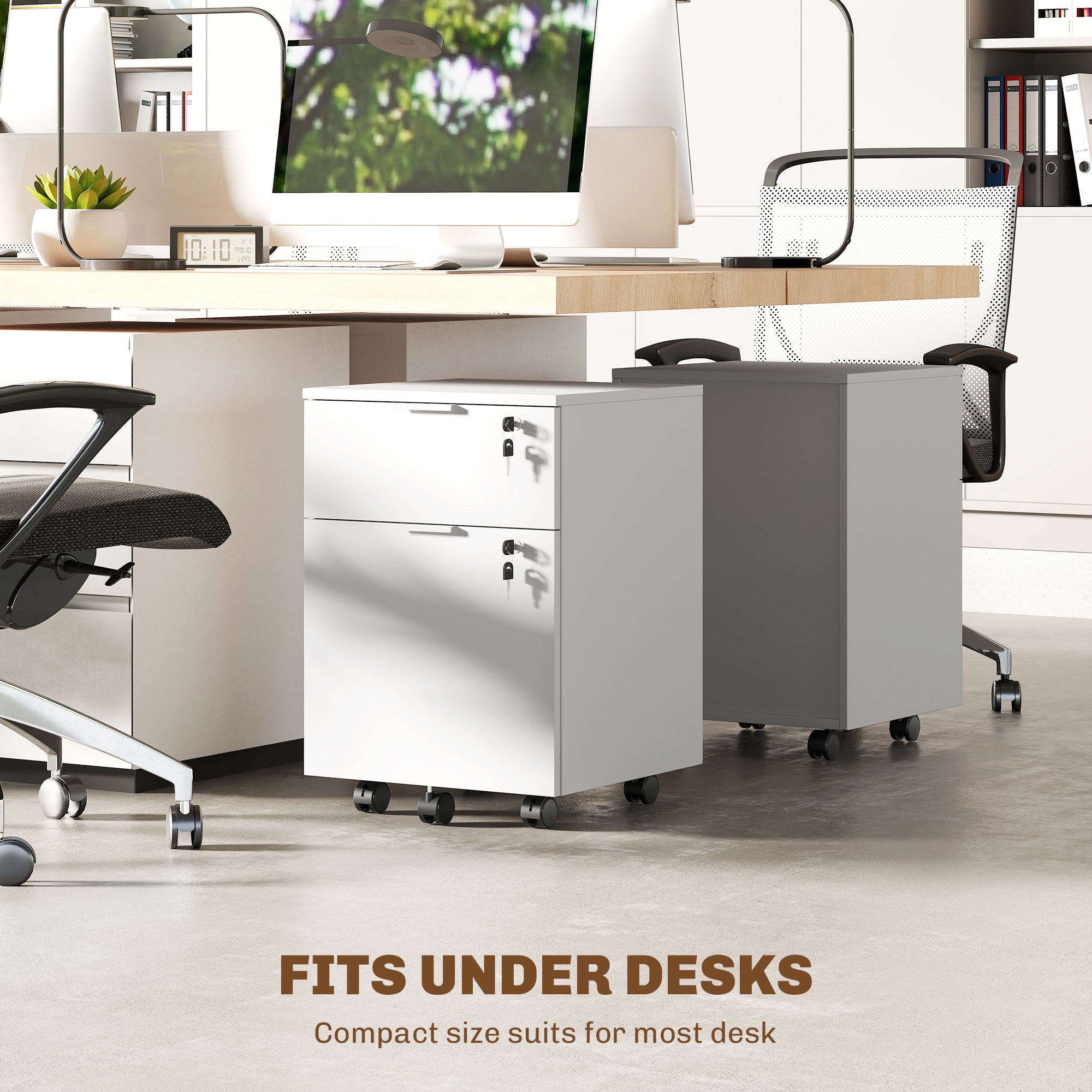 Caisson de bureau, meuble de rangement 2 tiroirs 2 barres de suspension dossier suspendu, verrouillable 2 clés, 4 roulettes 42x40x60 cm blanc