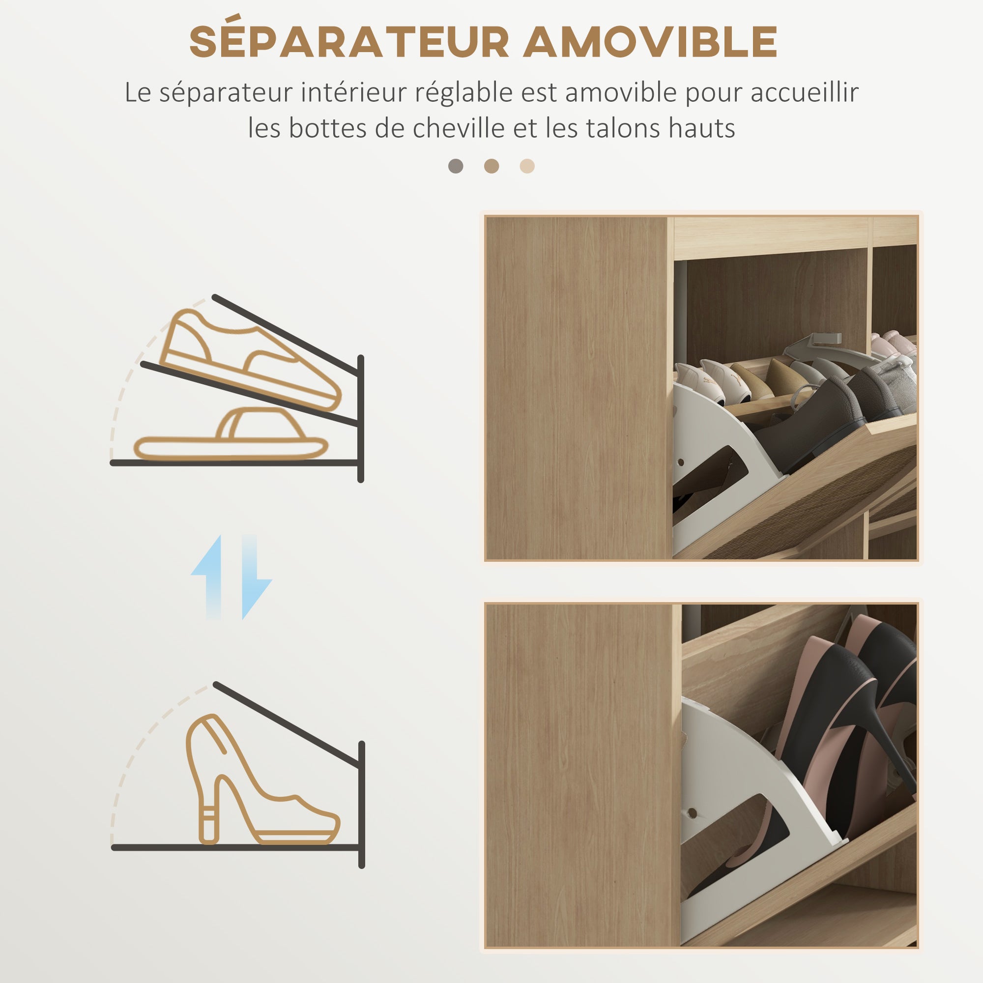 Meuble à chaussures armoire à chaussures 4 abattants 20 paires avec étagère réglable style bohème pieds en bois massif 105 x 24 x 97,5 cm naturel