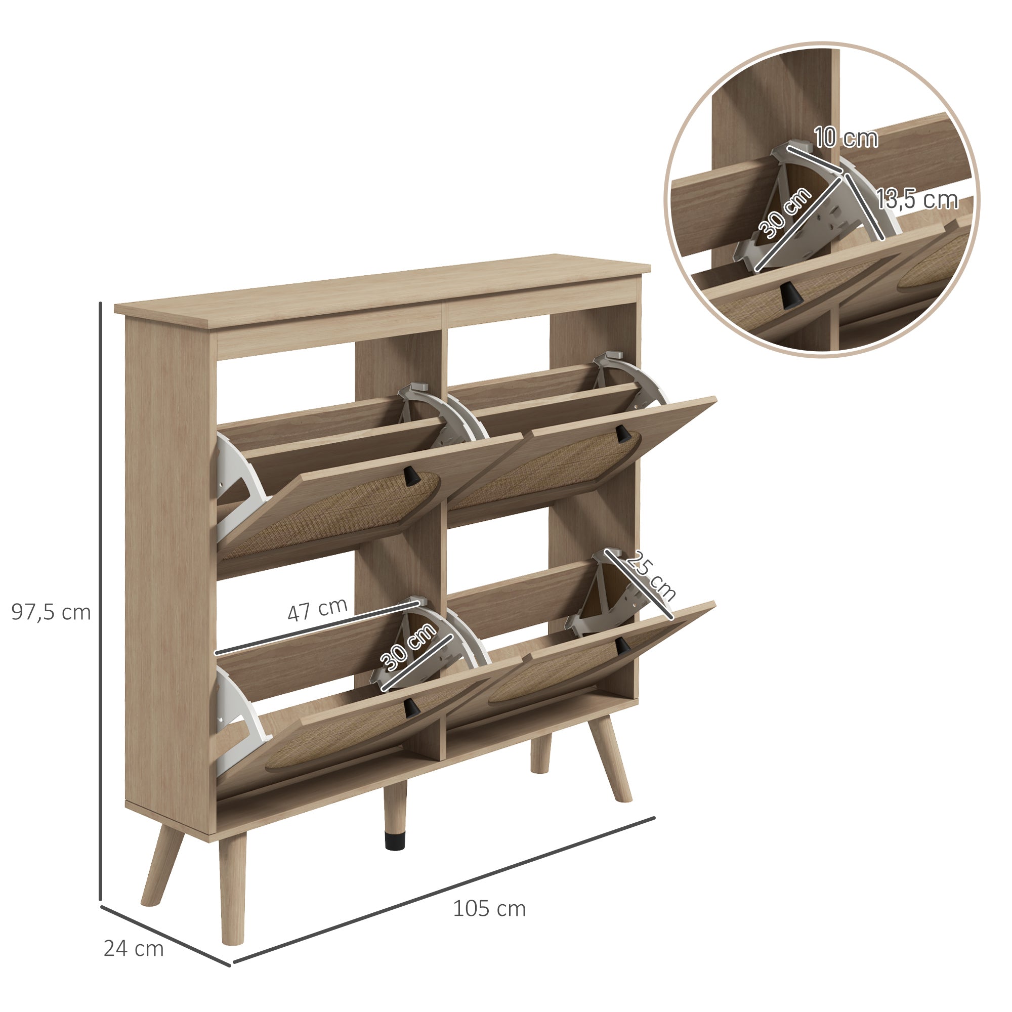 Meuble à chaussures armoire à chaussures 4 abattants 20 paires avec étagère réglable style bohème pieds en bois massif 105 x 24 x 97,5 cm naturel