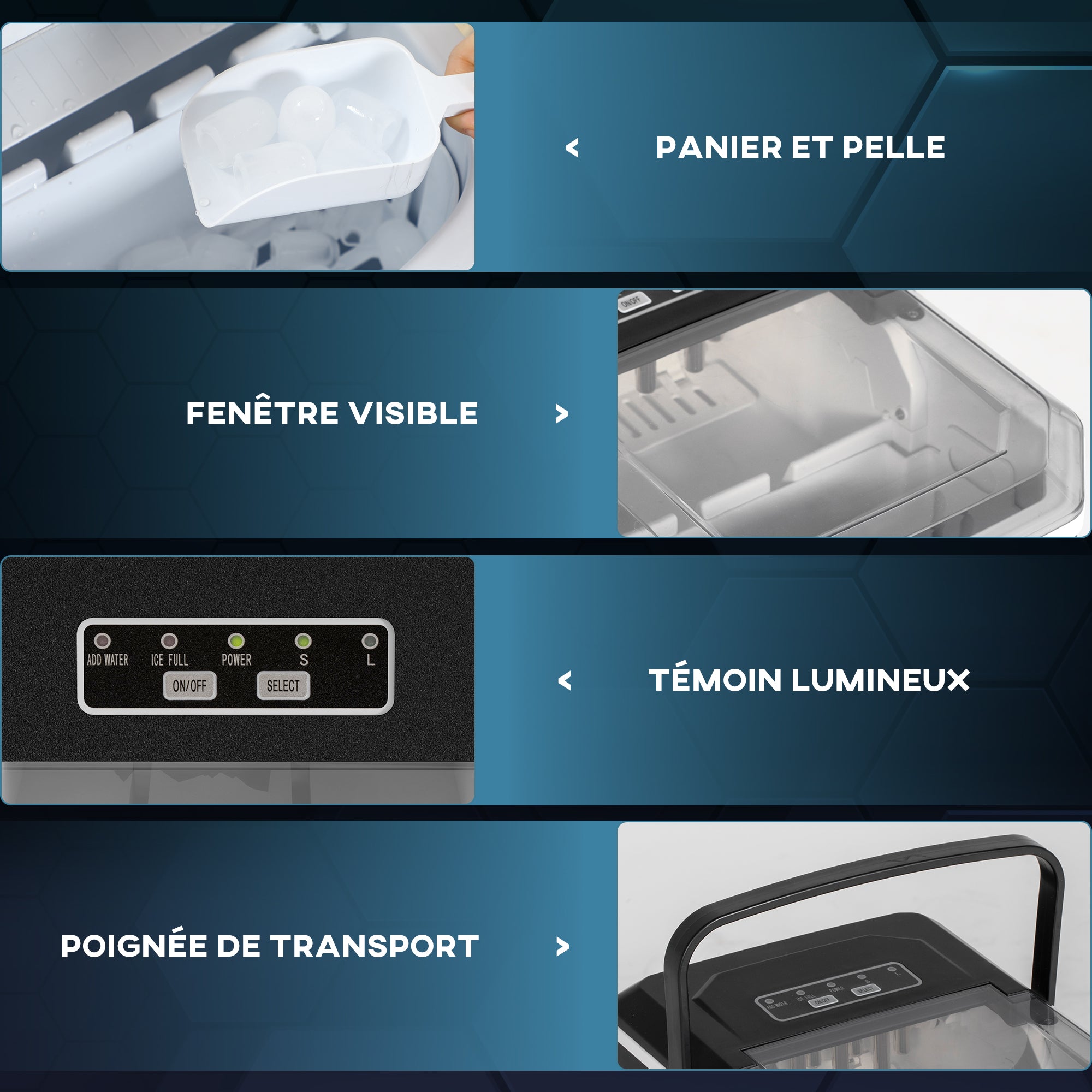 Machine à glaçons autonettoyante, 12kg en 24h, 9 glaçons en 6-13 minutes, ice maker Portable Avec Poignée, panier et pelle, pour la maison/cuisine/camping, noir